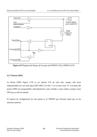 Microcontroladores PIC de la Gama Media.         4. Los Periféricos de los PIC de la Gama Media.




        Figura 4.9 Diagrama de bloque de los pines del PORTF LCD y PORTG LCD.




4.3.7 Puerta GPIO.


La Puerta GPIO (figura 4.10) es un registro E/S de ocho bits, aunque sólo tiene
implementados los seis más bajos (GP5:GP0). Los bits 7 y 6 se leen como ‘0’. Los pines del
puerto GPIO son programables individualmente como entrada o como salida, excepto el pin
GP3 que es sólo de entrada.


El registro de configuración de esta puerta es el TRISGP que funciona igual que en las
anteriores puertas.




Santiago Salamanca Miño                    80                 Escuela de Ingenierías Industriales
David Arroyo Muñoz                                                 Universidad de Extremadura
 