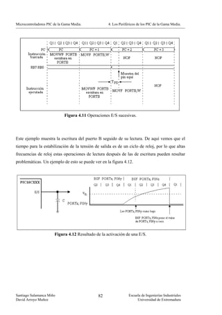 Microcontroladores PIC de la Gama Media.            4. Los Periféricos de los PIC de la Gama Media.




                             Figura 4.11 Operaciones E/S sucesivas.




Este ejemplo muestra la escritura del puerto B seguido de su lectura. De aquí vemos que el
tiempo para la estabilización de la tensión de salida es de un ciclo de reloj, por lo que altas
frecuencias de reloj estas operaciones de lectura después de las de escritura pueden resultar
problemáticas. Un ejemplo de esto se puede ver en la figura 4.12.




                       Figura 4.12 Resultado de la activación de una E/S.




Santiago Salamanca Miño                       82                 Escuela de Ingenierías Industriales
David Arroyo Muñoz                                                    Universidad de Extremadura
 