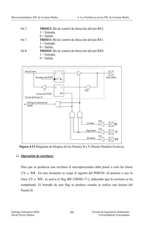 Microcontroladores PIC de la Gama Media.              4. Los Periféricos de los PIC de la Gama Media.



        bit 2             TRISE2: Bit de control de dirección del pin RE2.
                          1 = Entrada.
                          0 = Salida.
        bit 1             TRISE1: Bit de control de dirección del pin RE1.
                          1 = Entrada.
                          0 = Salida.
        bit 0             TRISE0: Bit de control de dirección del pin RE0.
                          1 = Entrada.
                          0 = Salida.




      Figura 4.13 Diagrama de bloques de los Puertos D y E (Puerto Paralelo Esclavo).

    a) Operación de escritura:


        Para que se produzca una escritura el microprocesador debe poner a cero las líneas
        CS y WR . En este momento se carga el registro del PORTD. Al ponerse a uno la
        línea CS o WR , se activa el flag IBF (TRISE<7>), indicando que la escritura se ha
        completado. El borrado de este flag se produce cuando se realiza una lectura del
        Puerto D.




Santiago Salamanca Miño                         84                 Escuela de Ingenierías Industriales
David Arroyo Muñoz                                                      Universidad de Extremadura
 