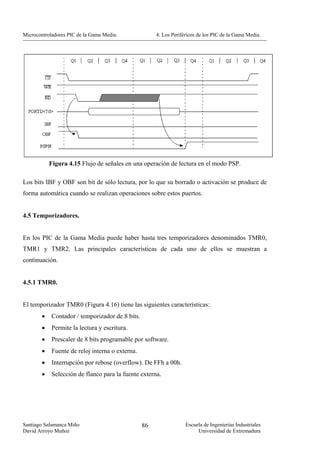 Microcontroladores PIC de la Gama Media.              4. Los Periféricos de los PIC de la Gama Media.




            Figura 4.15 Flujo de señales en una operación de lectura en el modo PSP.

Los bits IBF y OBF son bit de sólo lectura, por lo que su borrado o activación se produce de
forma automática cuando se realizan operaciones sobre estos puertos.


4.5 Temporizadores.


En los PIC de la Gama Media puede haber hasta tres temporizadores denominados TMR0,
TMR1 y TMR2. Las principales características de cada uno de ellos se muestran a
continuación.


4.5.1 TMR0.


El temporizador TMR0 (Figura 4.16) tiene las siguientes características:
        •   Contador / temporizador de 8 bits.
        •   Permite la lectura y escritura.
        •   Prescaler de 8 bits programable por software.
        •   Fuente de reloj interna o externa.
        •   Interrupción por rebose (overflow). De FFh a 00h.
        •   Selección de flanco para la fuente externa.




Santiago Salamanca Miño                          86                Escuela de Ingenierías Industriales
David Arroyo Muñoz                                                      Universidad de Extremadura
 