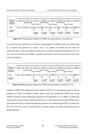 Microcontroladores PIC de la Gama Media.            4. Los Periféricos de los PIC de la Gama Media.




        Figura 4.17 Diagrama de tiempos el TMR0, con reloj interno y sin predivisor.

En el caso de que el predivisor de frecuencia esté asignado al TMR0, cuando se escribe sobre
él, el registro del predivisor se pone a cero, y se produce un retardo de dos ciclos de
instrucción más el valor del predivisor hasta que se reinicia la temporización (figura 4.18). En
este caso el incremento del TMR0 se produce cada tantos ciclos de instrucción como valor
tenga el predivisor.




        Figura 4.18 Diagrama de tiempos del TMR0 con reloj interno y predivisor 1:2.

Cuando el TMR0 está configurado como contador (T0CS=1), se incrementará cada vez que se
produzca un flanco de bajada o subida, según como este configurado (T0SE), por el pin
T0CKI. Cuando no está configurado el predivisor de frecuencia con el TMR0, la entrada del
reloj externo coincide con la salida del predivisor. La sincronización de la señal T0CKI con la
fase interna del reloj se realiza haciendo un muestreo en la salida del predivisor en cada ciclo
Q2 y Q4. Por esta razón es necesario que los pulsos tengan un ancho mínimo para que se
puedan detectar.




Santiago Salamanca Miño                       88                 Escuela de Ingenierías Industriales
David Arroyo Muñoz                                                    Universidad de Extremadura
 