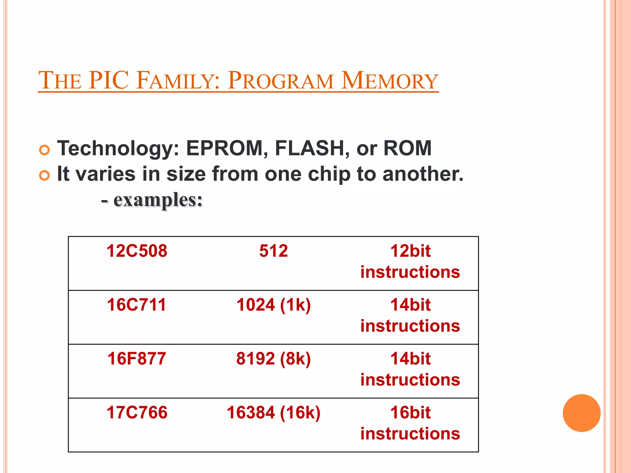 THE PIC FAMILY: PROGRAM MEMORY

 Technology: EPROM, FLASH, or ROM
 It varies in size from one chip to another.
       - examples:

       12C508          512            12bit
                                  instructions
       16C711       1024 (1k)         14bit
                                  instructions
       16F877       8192 (8k)         14bit
                                  instructions
       17C766      16384 (16k)        16bit
                                  instructions
 
