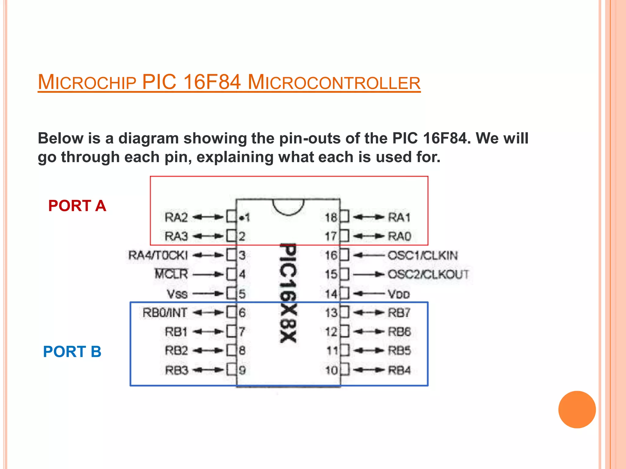 MICROCHIP PIC 16F84 MICROCONTROLLER

Below is a diagram showing the pin-outs of the PIC 16F84. We will
go through each pin, explaining what each is used for.


 PORT A




PORT B
 