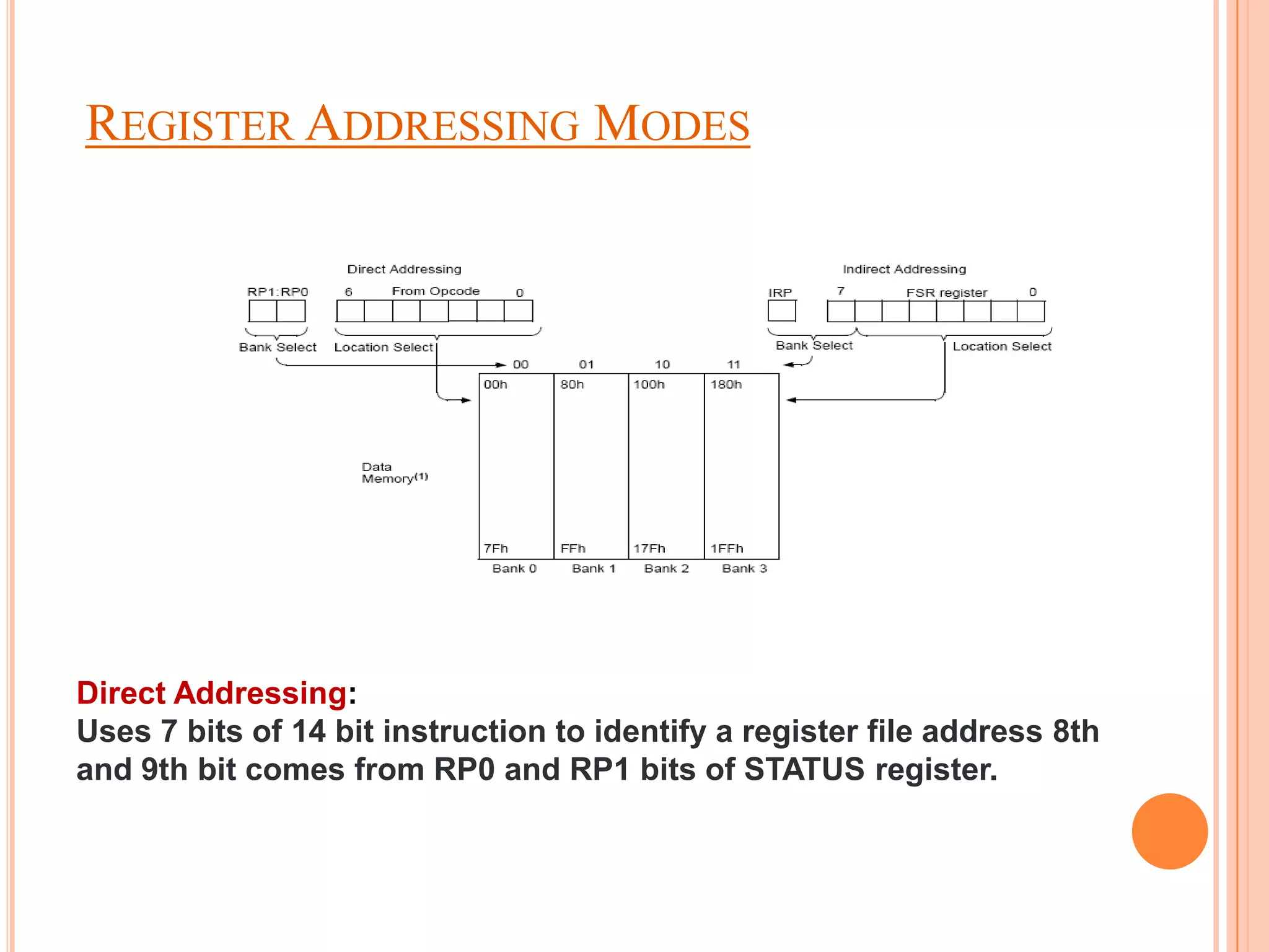 REGISTER ADDRESSING MODES




Direct Addressing:
Uses 7 bits of 14 bit instruction to identify a register file address 8th
and 9th bit comes from RP0 and RP1 bits of STATUS register.
 
