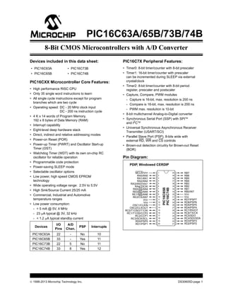  1998-2013 Microchip Technology Inc. DS30605D-page 1
PIC16C63A/65B/73B/74B
Devices included in this data sheet:
PIC16CXX Microcontroller Core Features:
• High performance RISC CPU
• Only 35 single word instructions to learn
• All single cycle instructions except for program
branches which are two cycle
• Operating speed: DC - 20 MHz clock input
DC - 200 ns instruction cycle
• 4 K x 14 words of Program Memory,
192 x 8 bytes of Data Memory (RAM)
• Interrupt capability
• Eight-level deep hardware stack
• Direct, indirect and relative addressing modes
• Power-on Reset (POR)
• Power-up Timer (PWRT) and Oscillator Start-up
Timer (OST)
• Watchdog Timer (WDT) with its own on-chip RC
oscillator for reliable operation
• Programmable code protection
• Power-saving SLEEP mode
• Selectable oscillator options
• Low power, high speed CMOS EPROM
technology
• Wide operating voltage range: 2.5V to 5.5V
• High Sink/Source Current 25/25 mA
• Commercial, Industrial and Automotive
temperature ranges
• Low power consumption:
- < 5 mA @ 5V, 4 MHz
- 23 A typical @ 3V, 32 kHz
- < 1.2 A typical standby current
PIC16C7X Peripheral Features:
• Timer0: 8-bit timer/counter with 8-bit prescaler
• Timer1: 16-bit timer/counter with prescaler
can be incremented during SLEEP via external
crystal/clock
• Timer2: 8-bit timer/counter with 8-bit period
register, prescaler and postscaler
• Capture, Compare, PWM modules
- Capture is 16-bit, max. resolution is 200 ns
- Compare is 16-bit, max. resolution is 200 ns
- PWM max. resolution is 10-bit
• 8-bit multichannel Analog-to-Digital converter
• Synchronous Serial Port (SSP) with SPITM
and I2
CTM
• Universal Synchronous Asynchronous Receiver
Transmitter (USART/SCI)
• Parallel Slave Port (PSP), 8-bits wide with
external RD, WR and CS controls
• Brown-out detection circuitry for Brown-out Reset
(BOR)
Pin Diagram:
• PIC16C63A • PIC16C73B
• PIC16C65B • PIC16C74B
Devices
I/O
Pins
A/D
Chan.
PSP Interrupts
PIC16C63A 22 - No 10
PIC16C65B 33 - Yes 11
PIC16C73B 22 5 No 11
PIC16C74B 33 8 Yes 12
PDIP, Windowed CERDIP
RB7
RB6
RB5
RB4
RB3
RB2
RB1
RB0/INT
VDD
VSS
RD7/PSP7
RD6/PSP6
RD5/PSP5
RD4/PSP4
RC7/RX/DT
RC6/TX/CK
RC5/SDO
RC4/SDI/SDA
RD3/PSP3
RD2/PSP2
MCLR/VPP
RA0/AN0
RA1/AN1
RA2/AN2
RA3/AN3/VREF
RA4/T0CKI
RA5/SS/AN4
RE0/RD/AN5
RE1/WR/AN6
RE2/CS/AN7
VDD
VSS
OSC1/CLKIN
OSC2/CLKOUT
RC0/T1OSO/T1CKI
RC1/T1OSI/CCP2
RC2/CCP1
RC3/SCK/SCL
RD0/PSP0
RD1/PSP1
1
2
3
4
5
6
7
8
9
10
11
12
13
14
15
16
17
18
19
20
40
39
38
37
36
35
34
33
32
31
30
29
28
27
26
25
24
23
22
21
PIC16C65B
PIC16C74B
8-Bit CMOS Microcontrollers with A/D Converter
 