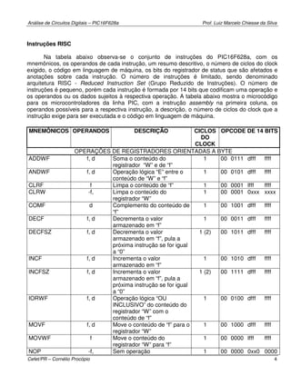 Análise de Circuitos Digitais – PIC16F628a Prof. Luiz Marcelo Chiesse da Silva
Cefet/PR – Cornélio Procópio 4
Instruções RISC
Na tabela abaixo observa-se o conjunto de instruções do PIC16F628a, com os
mnemônicos, os operandos de cada instrução, um resumo descritivo, o número de ciclos do clock
exigido, o código em linguagem de máquina, os bits do registrador de status que são afetados e
anotações sobre cada instrução. O número de instruções é limitado, sendo denominado
arquitetura RISC - Reduced Instruction Set (Grupo Reduzido de Instruções). O número de
instruções é pequeno, porém cada instrução é formada por 14 bits que codificam uma operação e
os operandos ou os dados sujeitos à respectiva operação. A tabela abaixo mostra o microcódigo
para os microcontroladores da linha PIC, com a instrução assembly na primeira coluna, os
operandos possíveis para a respectiva instrução, a descrição, o número de ciclos do clock que a
instrução exige para ser executada e o código em linguagem de máquina.
MNEMÔNICOS OPERANDOS DESCRIÇÃO CICLOS
DO
CLOCK
OPCODE DE 14 BITS
OPERAÇÕES DE REGISTRADORES ORIENTADAS A BYTE
ADDWF f, d Soma o conteúdo do
registrador “W” e de “f”
1 00 0111 dfff ffff
ANDWF f, d Operação lógica “E” entre o
conteúdo de “W” e “f”
1 00 0101 dfff ffff
CLRF f Limpa o conteúdo de “f” 1 00 0001 lfff ffff
CLRW -f, Limpa o conteúdo do
registrador “W”
1 00 0001 0xxx xxxx
COMF d Complemento do conteúdo de
“f”
1 00 1001 dfff ffff
DECF f, d Decrementa o valor
armazenado em “f”
1 00 0011 dfff ffff
DECFSZ f, d Decrementa o valor
armazenado em “f”, pula a
próxima instrução se for igual
a “0”
1 (2) 00 1011 dfff ffff
INCF f, d Incrementa o valor
armazenado em “f”
1 00 1010 dfff ffff
INCFSZ f, d Incrementa o valor
armazenado em “f”, pula a
próxima instrução se for igual
a “0”
1 (2) 00 1111 dfff ffff
IORWF f, d Operação lógica “OU
INCLUSIVO” do conteúdo do
registrador “W” com o
conteúdo de “f”
1 00 0100 dfff ffff
MOVF f, d Move o conteúdo de “f” para o
registrador “W”
1 00 1000 dfff ffff
MOVWF f Move o conteúdo do
registrador “W” para “f”
1 00 0000 lfff ffff
NOP -f, Sem operação 1 00 0000 0xx0 0000
 