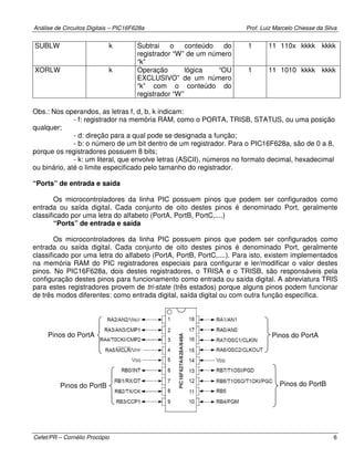 Análise de Circuitos Digitais – PIC16F628a Prof. Luiz Marcelo Chiesse da Silva
Cefet/PR – Cornélio Procópio 6
SUBLW k Subtrai o conteúdo do
registrador “W” de um número
“k”
1 11 110x kkkk kkkk
XORLW k Operação lógica “OU
EXCLUSIVO” de um número
“k” com o conteúdo do
registrador “W”
1 11 1010 kkkk kkkk
Obs.: Nos operandos, as letras f, d, b, k indicam:
- f: registrador na memória RAM, como o PORTA, TRISB, STATUS, ou uma posição
qualquer;
- d: direção para a qual pode se designada a função;
- b: o número de um bit dentro de um registrador. Para o PIC16F628a, são de 0 a 8,
porque os registradores possuem 8 bits;
- k: um literal, que envolve letras (ASCII), números no formato decimal, hexadecimal
ou binário, até o limite especificado pelo tamanho do registrador.
“Ports” de entrada e saída
Os microcontroladores da linha PIC possuem pinos que podem ser configurados como
entrada ou saída digital. Cada conjunto de oito destes pinos é denominado Port, geralmente
classificado por uma letra do alfabeto (PortA, PortB, PortC,....)
“Ports” de entrada e saída
Os microcontroladores da linha PIC possuem pinos que podem ser configurados como
entrada ou saída digital. Cada conjunto de oito destes pinos é denominado Port, geralmente
classificado por uma letra do alfabeto (PortA, PortB, PortC,....). Para isto, existem implementados
na memória RAM do PIC registradores especiais para configurar e ler/modificar o valor destes
pinos. No PIC16F628a, dois destes registradores, o TRISA e o TRISB, são responsáveis pela
configuração destes pinos para funcionamento como entrada ou saída digital. A abreviatura TRIS
para estes registradores provem de tri-state (três estados) porque alguns pinos podem funcionar
de três modos diferentes: como entrada digital, saída digital ou com outra função específica.
Pinos do PortAPinos do PortA
Pinos do PortB Pinos do PortB
 
