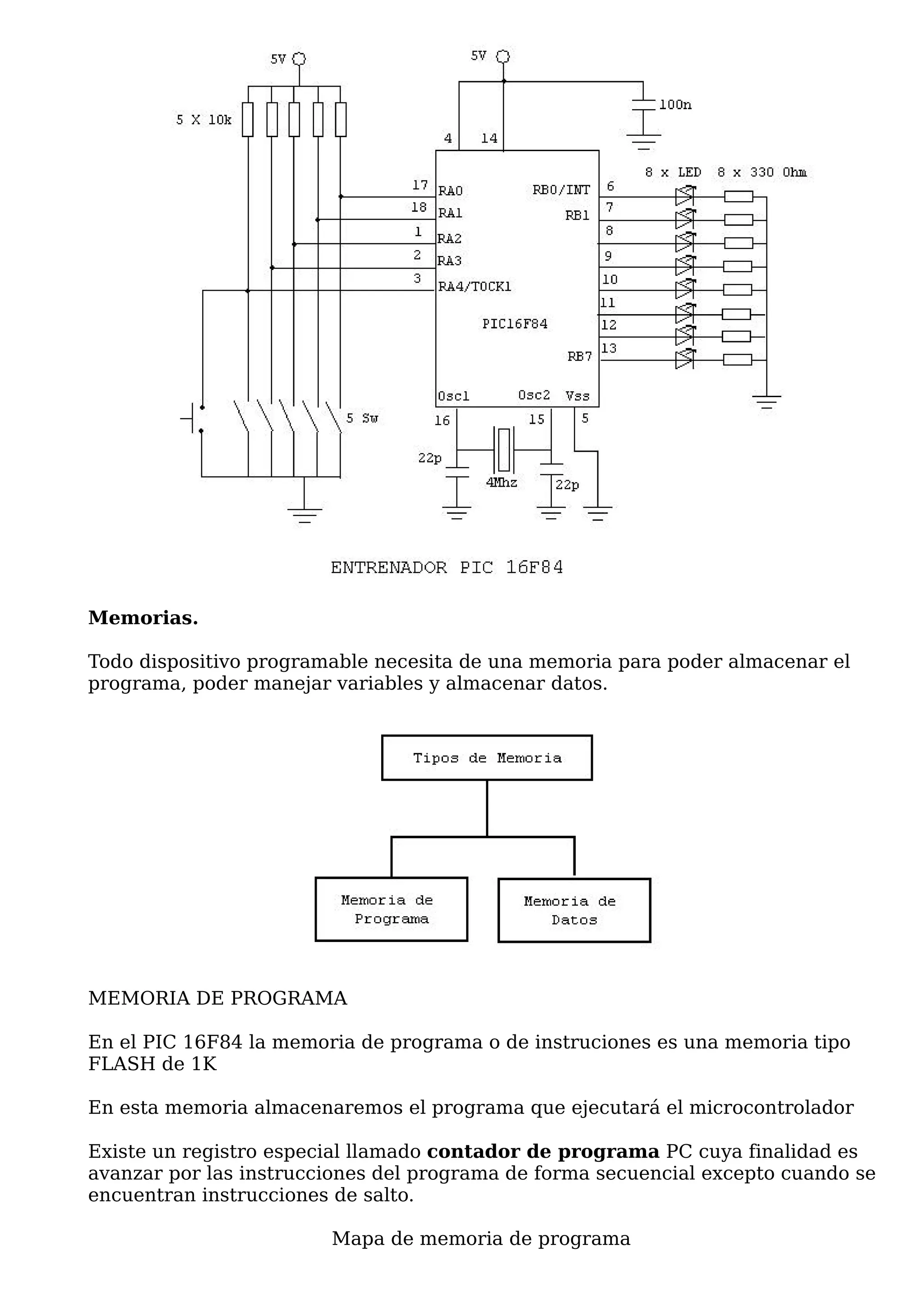 Memorias.

Todo dispositivo programable necesita de una memoria para poder almacenar el
programa, poder manejar variables y almacenar datos.




MEMORIA DE PROGRAMA

En el PIC 16F84 la memoria de programa o de instruciones es una memoria tipo
FLASH de 1K

En esta memoria almacenaremos el programa que ejecutará el microcontrolador

Existe un registro especial llamado contador de programa PC cuya finalidad es
avanzar por las instrucciones del programa de forma secuencial excepto cuando se
encuentran instrucciones de salto.

                        Mapa de memoria de programa
 