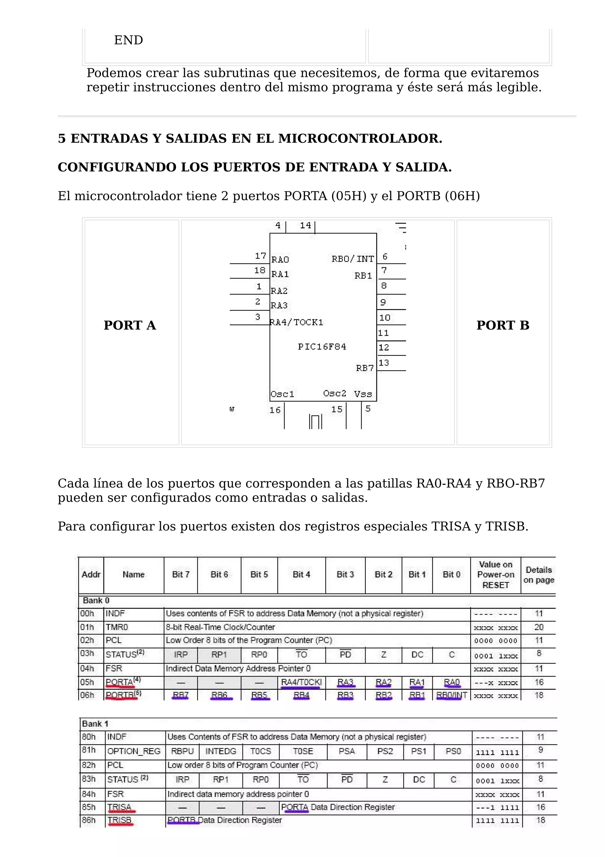 END

    Podemos crear las subrutinas que necesitemos, de forma que evitaremos
    repetir instrucciones dentro del mismo programa y éste será más legible.



5 ENTRADAS Y SALIDAS EN EL MICROCONTROLADOR.

CONFIGURANDO LOS PUERTOS DE ENTRADA Y SALIDA.

El microcontrolador tiene 2 puertos PORTA (05H) y el PORTB (06H)




       PORT A                                                     PORT B




Cada línea de los puertos que corresponden a las patillas RA0-RA4 y RBO-RB7
pueden ser configurados como entradas o salidas.

Para configurar los puertos existen dos registros especiales TRISA y TRISB.
 