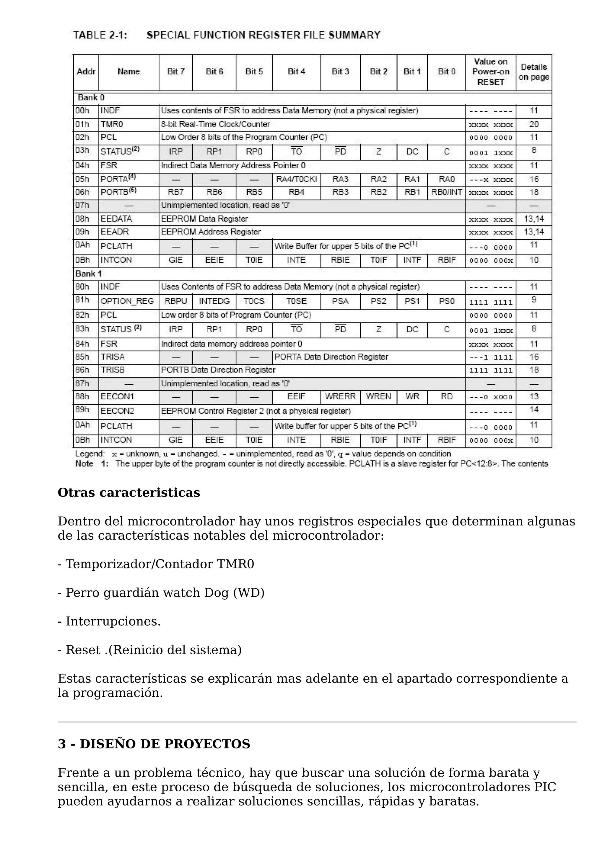 Otras caracteristicas

Dentro del microcontrolador hay unos registros especiales que determinan algunas
de las características notables del microcontrolador:

- Temporizador/Contador TMR0

- Perro guardián watch Dog (WD)

- Interrupciones.

- Reset .(Reinicio del sistema)

Estas características se explicarán mas adelante en el apartado correspondiente a
la programación.



3 - DISEÑO DE PROYECTOS

Frente a un problema técnico, hay que buscar una solución de forma barata y
sencilla, en este proceso de búsqueda de soluciones, los microcontroladores PIC
pueden ayudarnos a realizar soluciones sencillas, rápidas y baratas.
 