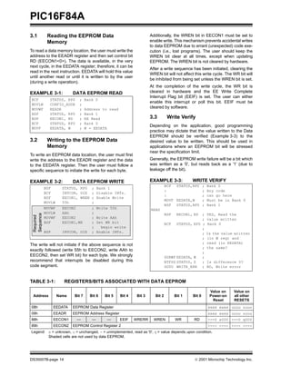 PIC16F84A
3.1          Reading the EEPROM Data                                    Additionally, the WREN bit in EECON1 must be set to
             Memory                                                     enable write. This mechanism prevents accidental writes
                                                                        to data EEPROM due to errant (unexpected) code exe-
To read a data memory location, the user must write the                 cution (i.e., lost programs). The user should keep the
address to the EEADR register and then set control bit                  WREN bit clear at all times, except when updating
RD (EECON1<0>). The data is available, in the very                      EEPROM. The WREN bit is not cleared by hardware.
next cycle, in the EEDATA register; therefore, it can be
                                                                        After a write sequence has been initiated, clearing the
read in the next instruction. EEDATA will hold this value
                                                                        WREN bit will not affect this write cycle. The WR bit will
until another read or until it is written to by the user
                                                                        be inhibited from being set unless the WREN bit is set.
(during a write operation).
                                                                        At the completion of the write cycle, the WR bit is
EXAMPLE 3-1:               DATA EEPROM READ                             cleared in hardware and the EE Write Complete
                                                                        Interrupt Flag bit (EEIF) is set. The user can either
BCF           STATUS, RP0     ;     Bank 0
                                                                        enable this interrupt or poll this bit. EEIF must be
MOVLW         CONFIG_ADDR     ;
MOVWF         EEADR           ;     Address to read                     cleared by software.
BSF           STATUS, RP0     ;     Bank 1
BSF           EECON1, RD      ;     EE Read                             3.3         Write Verify
BCF           STATUS, RP0     ;     Bank 0
                                                                        Depending on the application, good programming
MOVF          EEDATA, W       ;     W = EEDATA
                                                                        practice may dictate that the value written to the Data
                                                                        EEPROM should be verified (Example 3-3) to the
3.2          Writing to the EEPROM Data                                 desired value to be written. This should be used in
             Memory                                                     applications where an EEPROM bit will be stressed
                                                                        near the specification limit.
To write an EEPROM data location, the user must first
write the address to the EEADR register and the data                    Generally, the EEPROM write failure will be a bit which
to the EEDATA register. Then the user must follow a                     was written as a ’0’, but reads back as a ’1’ (due to
specific sequence to initiate the write for each byte.                  leakage off the bit).

EXAMPLE 3-2:               DATA EEPROM WRITE                            EXAMPLE 3-3:             WRITE VERIFY
                                                                                   BCF STATUS,RP0 ; Bank 0
            BSF       STATUS, RP0      ; Bank 1
                                                                                   :              ; Any code
            BCF       INTCON, GIE      ; Disable INTs.
                                                                                   :              ; can go here
            BSF       EECON1, WREN     ; Enable Write
                                                                                   MOVF EEDATA,W  ; Must be in Bank 0
            MOVLW     55h              ;
                                                                                   BSF STATUS,RP0 ; Bank 1
            MOVWF     EECON2           ;   Write 55h                    READ
            MOVLW     AAh              ;
 Sequence




                                                                                   BSF    EECON1, RD
                                                                                                   ; YES, Read the
 Required




            MOVWF     EECON2           ;   Write AAh                                               ; value written
            BSF       EECON1,WR        ;   Set WR bit                              BCF STATUS, RP0 ; Bank 0
                                       ;     begin write                                           ;
            BSF       INTCON, GIE      ;   Enable INTs.                                            ; Is the value written
                                                                                                   ; (in W reg) and
                                                                                                   ; read (in EEDATA)
The write will not initiate if the above sequence is not
                                                                                                   ; the same?
exactly followed (write 55h to EECON2, write AAh to
                                                                                                   ;
EECON2, then set WR bit) for each byte. We strongly                                SUBWF EEDATA, W ;
recommend that interrupts be disabled during this                                  BTFSS STATUS, Z ; Is difference 0?
code segment.                                                                      GOTO WRITE_ERR ; NO, Write error



TABLE 3-1:             REGISTERS/BITS ASSOCIATED WITH DATA EEPROM

                                                                                                          Value on     Value on
 Address            Name    Bit 7     Bit 6   Bit 5    Bit 4    Bit 3      Bit 2         Bit 1   Bit 0    Power-on     all other
                                                                                                           Reset       RESETS
08h               EEDATA   EEPROM Data Register                                                          xxxx xxxx uuuu uuuu
09h               EEADR    EEPROM Address Register                                                       xxxx xxxx uuuu uuuu
88h               EECON1     —         —       —       EEIF    WRERR      WREN           WR       RD     ---0 x000 ---0 q000
89h               EECON2   EEPROM Control Register 2                                                     ---- ---- ---- ----
Legend: x = unknown, u = unchanged, - = unimplemented, read as '0', q = value depends upon condition.
        Shaded cells are not used by data EEPROM.




DS35007B-page 14                                                                                  © 2001 Microchip Technology Inc.
 