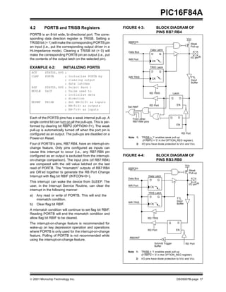 PIC16F84A
4.2        PORTB and TRISB Registers                            FIGURE 4-3:                  BLOCK DIAGRAM OF
                                                                                             PINS RB7:RB4
PORTB is an 8-bit wide, bi-directional port. The corre-
sponding data direction register is TRISB. Setting a                                                                       VDD
TRISB bit (= 1) will make the corresponding PORTB pin             RBPU(1)                                                    Weak
                                                                                                                           P Pull-up
an input (i.e., put the corresponding output driver in a
Hi-Impedance mode). Clearing a TRISB bit (= 0) will                                 Data Latch
                                                                  Data Bus
make the corresponding PORTB pin an output (i.e., put                                D        Q
                                                                                                                               I/O pin(2)
the contents of the output latch on the selected pin).            WR Port
                                                                                        CK

EXAMPLE 4-2:             INITIALIZING PORTB                                         TRIS Latch

 BCF       STATUS, RP0 ;                                                             D        Q
 CLRF      PORTB       ;     Initialize PORTB by                  WR TRIS                                                        TTL
                                                                                        CK
                       ;     clearing output                                                                                     Input
                       ;     data latches                                                                                        Buffer
 BSF       STATUS, RP0 ;     Select Bank 1
 MOVLW     0xCF        ;     Value used to
                                                                                    RD TRIS                Latch
                       ;     initialize data
                       ;     direction                                                                   Q         D
 MOVWF     TRISB       ;     Set RB<3:0> as inputs
                       ;     RB<5:4> as outputs                                     RD Port                   EN
                                                                  Set RBIF
                       ;     RB<7:6> as inputs

Each of the PORTB pins has a weak internal pull-up. A                From other
                                                                                                      Q        D
single control bit can turn on all the pull-ups. This is per-        RB7:RB4 pins
                                                                                                             EN
formed by clearing bit RBPU (OPTION<7>). The weak
pull-up is automatically turned off when the port pin is
configured as an output. The pull-ups are disabled on a                                                                RD Port
Power-on Reset.                                                   Note 1:    TRISB = ’1’ enables weak pull-up
                                                                              (if RBPU = ’0’ in the OPTION_REG register).
Four of PORTB’s pins, RB7:RB4, have an interrupt-on-                    2:   I/O pins have diode protection to VDD and VSS.
change feature. Only pins configured as inputs can
cause this interrupt to occur (i.e., any RB7:RB4 pin
configured as an output is excluded from the interrupt-         FIGURE 4-4:                  BLOCK DIAGRAM OF
on-change comparison). The input pins (of RB7:RB4)                                           PINS RB3:RB0
are compared with the old value latched on the last                                                                      VDD
read of PORTB. The “mismatch” outputs of RB7:RB4                  RBPU(1)                                                   Weak
are OR’ed together to generate the RB Port Change                                                                         P Pull-up
Interrupt with flag bit RBIF (INTCON<0>).                                          Data Latch
                                                                  Data Bus
                                                                                    D     Q
This interrupt can wake the device from SLEEP. The
                                                                                                                            I/O pin(2)
user, in the Interrupt Service Routine, can clear the             WR Port
                                                                                    CK
interrupt in the following manner:
                                                                                   TRIS Latch
a)    Any read or write of PORTB. This will end the                                 D        Q
      mismatch condition.                                                                                     TTL
                                                                                                              Input
                                                                  WR TRIS                                     Buffer
b)    Clear flag bit RBIF.                                                          CK

A mismatch condition will continue to set flag bit RBIF.
Reading PORTB will end the mismatch condition and
allow flag bit RBIF to be cleared.                                                RD TRIS

The interrupt-on-change feature is recommended for                                                   Q        D
wake-up on key depression operation and operations
                                                                                  RD Port                    EN
where PORTB is only used for the interrupt-on-change
feature. Polling of PORTB is not recommended while
                                                                   RB0/INT
using the interrupt-on-change feature.
                                                                                         Schmitt Trigger                  RD Port
                                                                                         Buffer

                                                                  Note 1:    TRISB = ’1’ enables weak pull-up
                                                                             (if RBPU = ’0’ in the OPTION_REG register).
                                                                        2:   I/O pins have diode protection to VDD and VSS.




© 2001 Microchip Technology Inc.                                                                             DS35007B-page 17
 