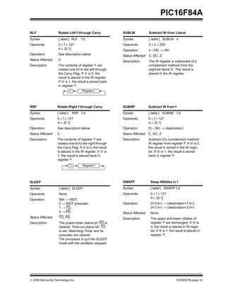 PIC16F84A

RLF                 Rotate Left f through Carry              SUBLW              Subtract W from Literal
Syntax:             [ label ] RLF      f,d                   Syntax:            [ label ] SUBLW k
Operands:           0 ≤ f ≤ 127                              Operands:          0 ≤ k ≤ 255
                    d ∈ [0,1]                                Operation:         k - (W) → (W)
Operation:          See description below                    Status Affected: C, DC, Z
Status Affected:    C                                        Description:       The W register is subtracted (2’s
Description:        The contents of register ’f’ are                            complement method) from the
                    rotated one bit to the left through                         eight-bit literal 'k'. The result is
                    the Carry Flag. If ’d’ is 0, the                            placed in the W register.
                    result is placed in the W register.
                    If ’d’ is 1, the result is stored back
                    in register ’f’.
                               C        Register f




RRF                Rotate Right f through Carry              SUBWF              Subtract W from f
Syntax:            [ label ]       RRF f,d                   Syntax:            [ label ] SUBWF f,d
Operands:          0 ≤ f ≤ 127                               Operands:          0 ≤ f ≤ 127
                   d ∈ [0,1]                                                    d ∈ [0,1]
Operation:         See description below                     Operation:         (f) - (W) → (destination)
Status Affected:   C                                         Status Affected: C, DC, Z
Description:       The contents of register ’f’ are          Description:       Subtract (2’s complement method)
                   rotated one bit to the right through                         W register from register 'f'. If 'd' is 0,
                   the Carry Flag. If ’d’ is 0, the result                      the result is stored in the W regis-
                   is placed in the W register. If ’d’ is                       ter. If 'd' is 1, the result is stored
                   1, the result is placed back in                              back in register 'f'.
                   register ’f’.
                               C        Register f




SLEEP                                                        SWAPF               Swap Nibbles in f
Syntax:             [ label ] SLEEP                          Syntax:             [ label ] SWAPF f,d
Operands:           None                                     Operands:           0 ≤ f ≤ 127
                                                                                 d ∈ [0,1]
Operation:          00h → WDT,
                    0 → WDT prescaler,                       Operation:          (f<3:0>) → (destination<7:4>),
                    1 → TO,                                                      (f<7:4>) → (destination<3:0>)
                    0 → PD                                   Status Affected:    None
Status Affected:    TO, PD                                   Description:        The upper and lower nibbles of
Description:        The power-down status bit, PD is                             register 'f' are exchanged. If 'd' is
                    cleared. Time-out status bit, TO                             0, the result is placed in W regis-
                    is set. Watchdog Timer and its                               ter. If 'd' is 1, the result is placed in
                    prescaler are cleared.                                       register 'f'.
                    The processor is put into SLEEP
                    mode with the oscillator stopped.




© 2000 Microchip Technology Inc.                                                                      DS35007B-page 41
 