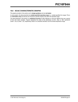 PIC16F84A

10.0     DC/AC CHARACTERISTIC GRAPHS
The graphs provided in this section are for design guidance and are not tested.
In some graphs, the data presented are outside specified operating range (i.e., outside specified VDD range). This is
for information only and devices are ensured to operate properly only within the specified range.
The data presented in this section is a statistical summary of data collected on units from different lots over a period
of time and matrix samples. ‘Typical’ represents the mean of the distribution at 25°C. ‘Max’ or ‘Min’ represents
(mean + 3σ) or (mean - 3σ), respectively, where σ is a standard deviation over the whole temperature range.




© 2001 Microchip Technology Inc.                                                                     DS35007B-page 61
 