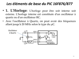Les éléments de base du PIC 16F876/877
• 1. L'Horloge: L'horloge peut être soit interne soit
externe. L'horloge interne est constituée d'un oscillateur à
quartz ou d'un oscillateur RC.
• Avec l'oscillateur à Quartz, on peut avoir des fréquences
allant jusqu'à 20 MHz selon le type du μC.
19
Oscillateur
à Quartz
 