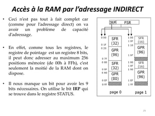 Accès à la RAM par l’adressage INDIRECT
• Ceci n’est pas tout à fait complet car
(comme pour l’adressage direct) on va
avoir un problème de capacité
d’adressage.
• En effet, comme tous les registres, le
registre de pointage est un registre 8 bits,
il peut donc adresser au maximum 256
positions mémoire (de 00h à FFh), c’est
seulement la moitié de la RAM dont on
dispose.
• Il nous manque un bit pour avoir les 9
bits nécessaires. On utilise le bit IRP qui
se trouve dans le registre STATUS.
29
 