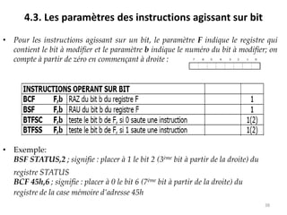 4.3. Les paramètres des instructions agissant sur bit
• Pour les instructions agissant sur un bit, le paramètre F indique le registre qui
contient le bit à modifier et le paramètre b indique le numéro du bit à modifier; on
compte à partir de zéro en commençant à droite :
• Exemple:
BSF STATUS,2 ; signifie : placer à 1 le bit 2 (3ème bit à partir de la droite) du
registre STATUS
BCF 45h,6 ; signifie : placer à 0 le bit 6 (7ème bit à partir de la droite) du
registre de la case mémoire d’adresse 45h
38
 