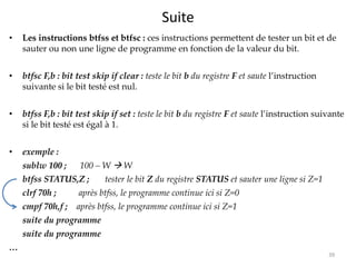 Suite
• Les instructions btfss et btfsc : ces instructions permettent de tester un bit et de
sauter ou non une ligne de programme en fonction de la valeur du bit.
• btfsc F,b : bit test skip if clear : teste le bit b du registre F et saute l’instruction
suivante si le bit testé est nul.
• btfss F,b : bit test skip if set : teste le bit b du registre F et saute l’instruction suivante
si le bit testé est égal à 1.
• exemple :
sublw 100 ; 100 – W  W
btfss STATUS,Z ; tester le bit Z du registre STATUS et sauter une ligne si Z=1
clrf 70h ; après btfss, le programme continue ici si Z=0
cmpf 70h,f ; après btfss, le programme continue ici si Z=1
suite du programme
suite du programme
…
39
 