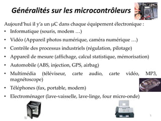Généralités sur les microcontrôleurs
Aujourd’hui il y’a un μC dans chaque équipement électronique :
• Informatique (souris, modem …)
• Vidéo (Appareil photos numérique, caméra numérique …)
• Contrôle des processus industriels (régulation, pilotage)
• Appareil de mesure (affichage, calcul statistique, mémorisation)
• Automobile (ABS, injection, GPS, airbag)
• Multimédia (téléviseur, carte audio, carte vidéo, MP3,
magnétoscope)
• Téléphones (fax, portable, modem)
• Electroménager (lave-vaisselle, lave-linge, four micro-onde)
5
 