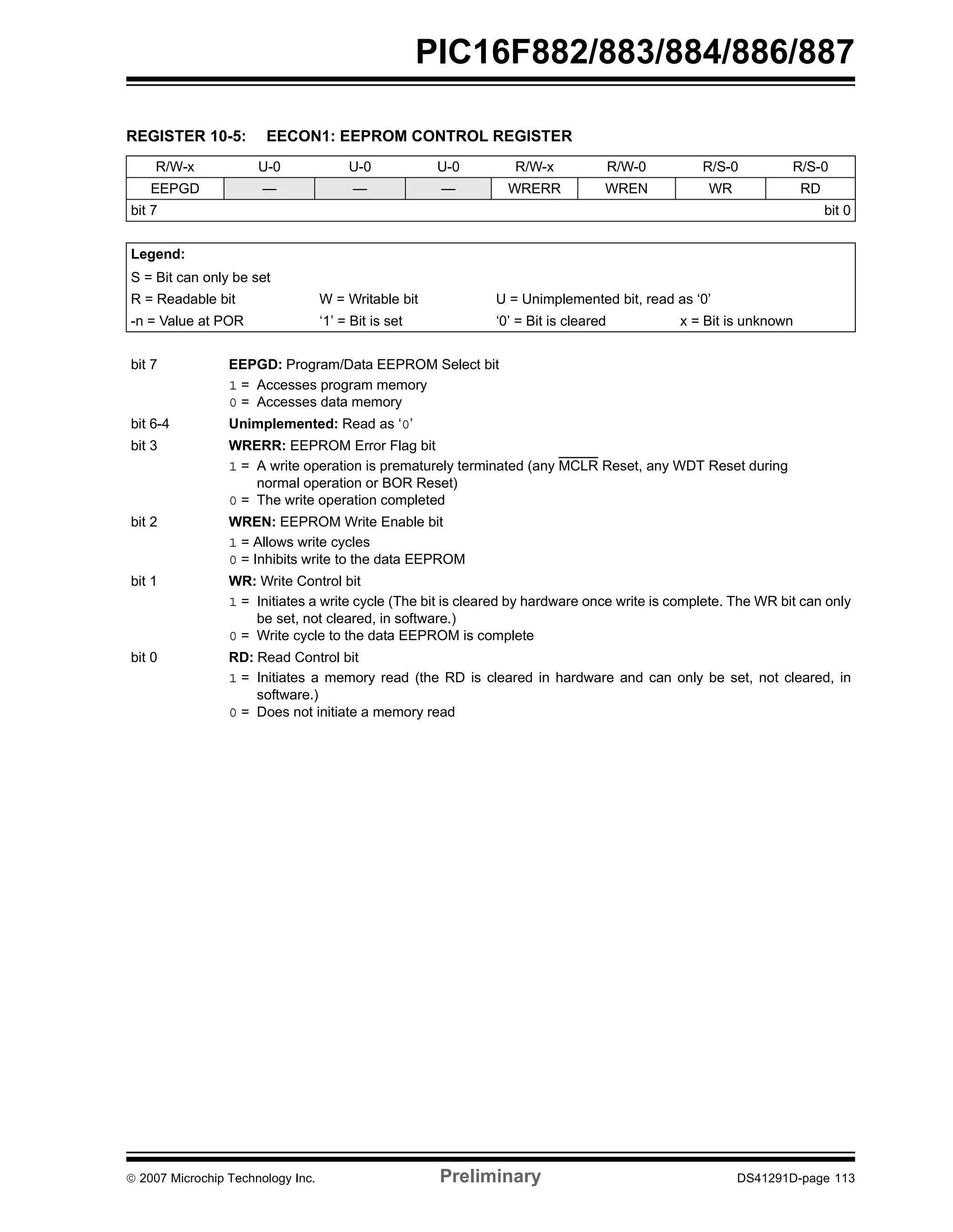 PIC16F882/883/884/886/887 
REGISTER 10-5: EECON1: EEPROM CONTROL REGISTER 
R/W-x U-0 U-0 U-0 R/W-x R/W-0 R/S-0 R/S-0 
EEPGD — — — WRERR WREN WR RD 
bit 7 bit 0 
Legend: 
S = Bit can only be set 
R = Readable bit W = Writable bit U = Unimplemented bit, read as ‘0’ 
-n = Value at POR ‘1’ = Bit is set ‘0’ = Bit is cleared x = Bit is unknown 
bit 7 EEPGD: Program/Data EEPROM Select bit 
1 = Accesses program memory 
0 = Accesses data memory 
bit 6-4 Unimplemented: Read as ‘0’ 
bit 3 WRERR: EEPROM Error Flag bit 
1 = A write operation is prematurely terminated (any MCLR Reset, any WDT Reset during 
normal operation or BOR Reset) 
0 = The write operation completed 
bit 2 WREN: EEPROM Write Enable bit 
1 = Allows write cycles 
0 = Inhibits write to the data EEPROM 
bit 1 WR: Write Control bit 
1 = Initiates a write cycle (The bit is cleared by hardware once write is complete. The WR bit can only 
be set, not cleared, in software.) 
0 = Write cycle to the data EEPROM is complete 
bit 0 RD: Read Control bit 
1 = Initiates a memory read (the RD is cleared in hardware and can only be set, not cleared, in 
software.) 
0 = Does not initiate a memory read 
© 2007 Microchip Technology Inc. Preliminary DS41291D-page 113 
 