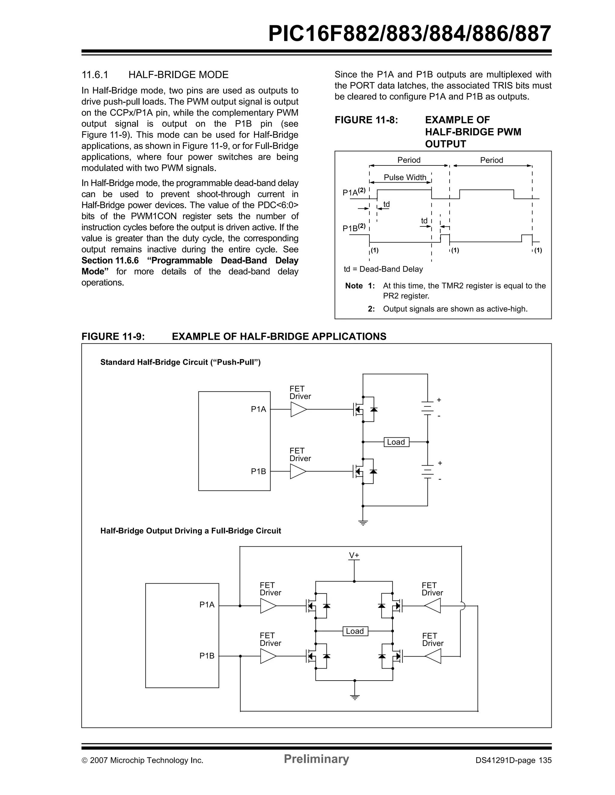 PIC16F882/883/884/886/887 
11.6.1 HALF-BRIDGE MODE 
In Half-Bridge mode, two pins are used as outputs to 
drive push-pull loads. The PWM output signal is output 
on the CCPx/P1A pin, while the complementary PWM 
output signal is output on the P1B pin (see 
Figure 11-9). This mode can be used for Half-Bridge 
applications, as shown in Figure 11-9, or for Full-Bridge 
applications, where four power switches are being 
modulated with two PWM signals. 
In Half-Bridge mode, the programmable dead-band delay 
can be used to prevent shoot-through current in 
Half-Bridge power devices. The value of the PDC<6:0> 
bits of the PWM1CON register sets the number of 
instruction cycles before the output is driven active. If the 
value is greater than the duty cycle, the corresponding 
output remains inactive during the entire cycle. See 
Section 11.6.6 “Programmable Dead-Band Delay 
Mode” for more details of the dead-band delay 
operations. 
Since the P1A and P1B outputs are multiplexed with 
the PORT data latches, the associated TRIS bits must 
be cleared to configure P1A and P1B as outputs. 
FIGURE 11-8: EXAMPLE OF 
HALF-BRIDGE PWM 
OUTPUT 
Pulse Width 
td 
(1) 
P1A(2) 
P1B(2) 
td = Dead-Band Delay 
Note 1: At this time, the TMR2 register is equal to the 
PR2 register. 
2: Output signals are shown as active-high. 
FIGURE 11-9: EXAMPLE OF HALF-BRIDGE APPLICATIONS 
Period 
td 
Period 
(1) (1) 
Standard Half-Bridge Circuit (“Push-Pull”) 
P1A 
P1B 
FET 
Driver 
FET 
Driver 
Load 
+ 
- 
+ 
- 
Half-Bridge Output Driving a Full-Bridge Circuit 
FET 
Driver 
FET 
Driver 
V+ 
Load 
FET 
Driver 
FET 
Driver 
P1A 
P1B 
© 2007 Microchip Technology Inc. Preliminary DS41291D-page 135 
 