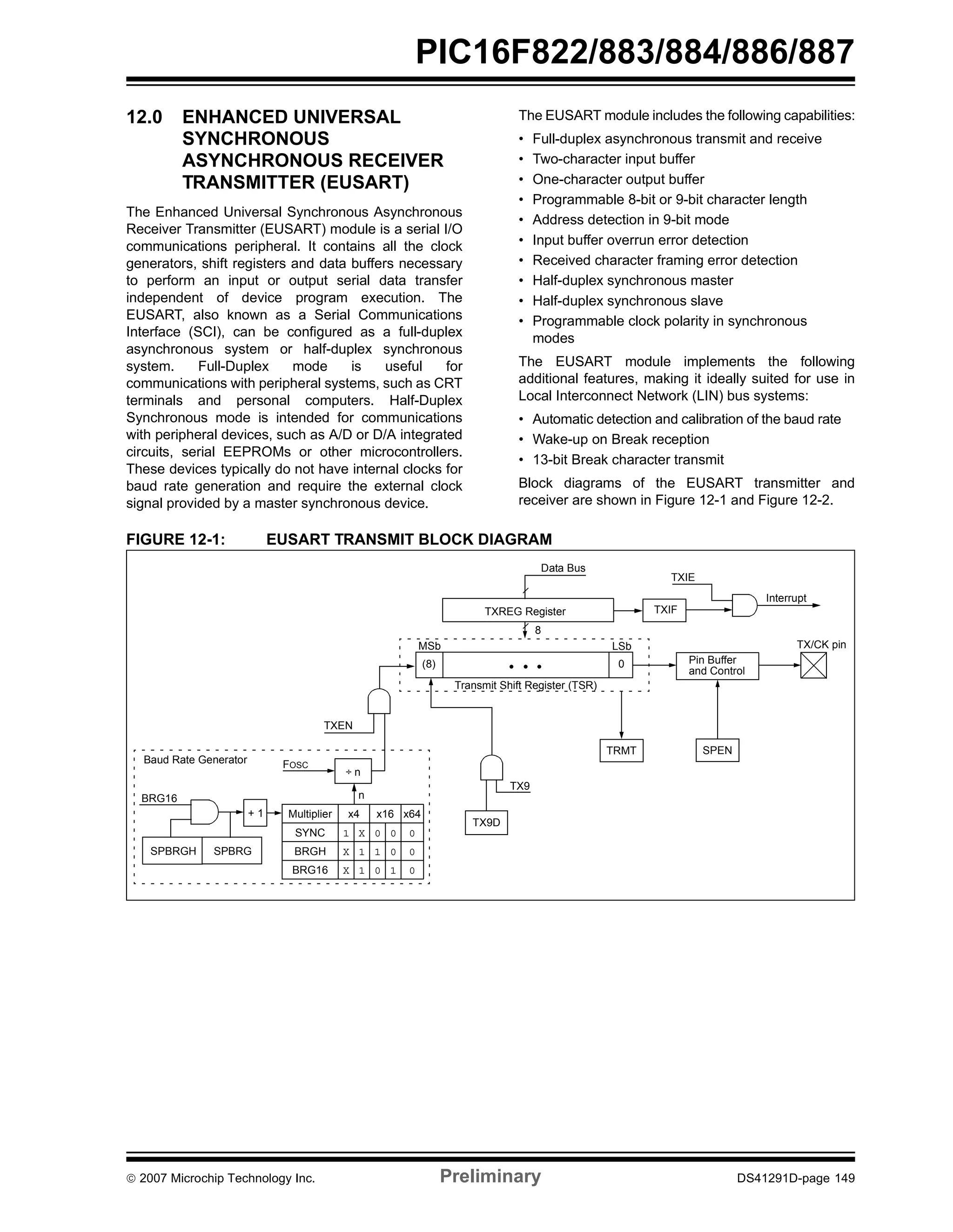 PIC16F822/883/884/886/887 
12.0 ENHANCED UNIVERSAL 
SYNCHRONOUS 
ASYNCHRONOUS RECEIVER 
TRANSMITTER (EUSART) 
The Enhanced Universal Synchronous Asynchronous 
Receiver Transmitter (EUSART) module is a serial I/O 
communications peripheral. It contains all the clock 
generators, shift registers and data buffers necessary 
to perform an input or output serial data transfer 
independent of device program execution. The 
EUSART, also known as a Serial Communications 
Interface (SCI), can be configured as a full-duplex 
asynchronous system or half-duplex synchronous 
system. Full-Duplex mode is useful for 
communications with peripheral systems, such as CRT 
terminals and personal computers. Half-Duplex 
Synchronous mode is intended for communications 
with peripheral devices, such as A/D or D/A integrated 
circuits, serial EEPROMs or other microcontrollers. 
These devices typically do not have internal clocks for 
baud rate generation and require the external clock 
signal provided by a master synchronous device. 
The EUSART module includes the following capabilities: 
• Full-duplex asynchronous transmit and receive 
• Two-character input buffer 
• One-character output buffer 
• Programmable 8-bit or 9-bit character length 
• Address detection in 9-bit mode 
• Input buffer overrun error detection 
• Received character framing error detection 
• Half-duplex synchronous master 
• Half-duplex synchronous slave 
• Programmable clock polarity in synchronous 
modes 
The EUSART module implements the following 
additional features, making it ideally suited for use in 
Local Interconnect Network (LIN) bus systems: 
• Automatic detection and calibration of the baud rate 
• Wake-up on Break reception 
• 13-bit Break character transmit 
Block diagrams of the EUSART transmitter and 
receiver are shown in Figure 12-1 and Figure 12-2. 
FIGURE 12-1: EUSART TRANSMIT BLOCK DIAGRAM 
TXIE 
TXIF 
Interrupt 
TXEN 
Data Bus 
TXREG Register 
8 
MSb LSb 
(8) 0 
• • • 
Transmit Shift Register (TSR) 
TX9D 
TX9 
Pin Buffer 
and Control 
TRMT SPEN 
TX/CK pin 
Baud Rate Generator 
BRG16 
+ 1 Multiplier x4 x16 x64 
SPBRGH SPBRG 
FOSC 
÷ n 
n 
SYNC 1 X 0 0 0 
BRGH X 1 1 0 0 
BRG16 X 1 0 1 0 
© 2007 Microchip Technology Inc. Preliminary DS41291D-page 149 
 