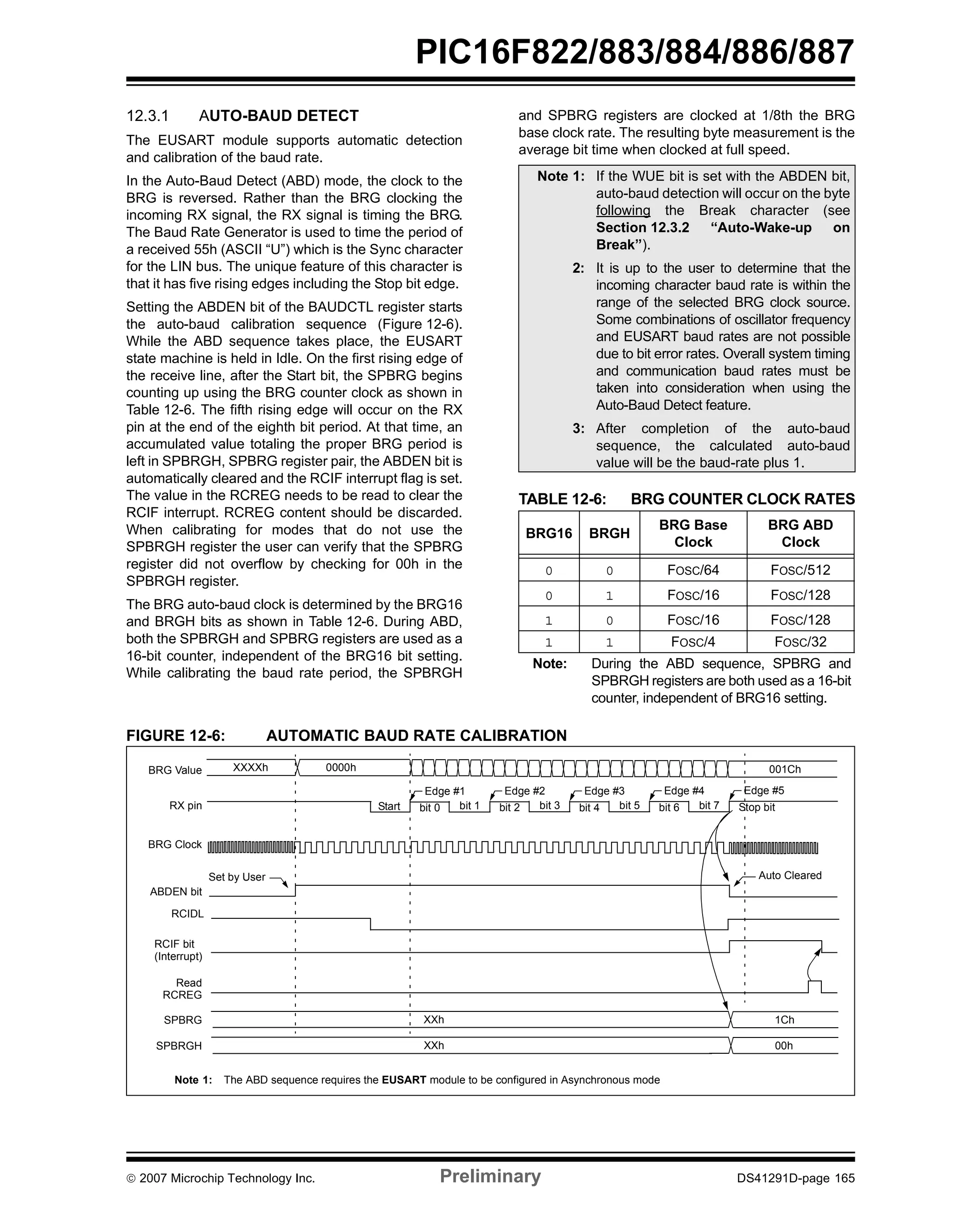 PIC16F822/883/884/886/887 
12.3.1 AUTO-BAUD DETECT 
The EUSART module supports automatic detection 
and calibration of the baud rate. 
In the Auto-Baud Detect (ABD) mode, the clock to the 
BRG is reversed. Rather than the BRG clocking the 
incoming RX signal, the RX signal is timing the BRG. 
The Baud Rate Generator is used to time the period of 
a received 55h (ASCII “U”) which is the Sync character 
for the LIN bus. The unique feature of this character is 
that it has five rising edges including the Stop bit edge. 
Setting the ABDEN bit of the BAUDCTL register starts 
the auto-baud calibration sequence (Figure 12-6). 
While the ABD sequence takes place, the EUSART 
state machine is held in Idle. On the first rising edge of 
the receive line, after the Start bit, the SPBRG begins 
counting up using the BRG counter clock as shown in 
Table 12-6. The fifth rising edge will occur on the RX 
pin at the end of the eighth bit period. At that time, an 
accumulated value totaling the proper BRG period is 
left in SPBRGH, SPBRG register pair, the ABDEN bit is 
automatically cleared and the RCIF interrupt flag is set. 
The value in the RCREG needs to be read to clear the 
RCIF interrupt. RCREG content should be discarded. 
When calibrating for modes that do not use the 
SPBRGH register the user can verify that the SPBRG 
register did not overflow by checking for 00h in the 
SPBRGH register. 
The BRG auto-baud clock is determined by the BRG16 
and BRGH bits as shown in Table 12-6. During ABD, 
both the SPBRGH and SPBRG registers are used as a 
16-bit counter, independent of the BRG16 bit setting. 
While calibrating the baud rate period, the SPBRGH 
and SPBRG registers are clocked at 1/8th the BRG 
base clock rate. The resulting byte measurement is the 
average bit time when clocked at full speed. 
Note 1: If the WUE bit is set with the ABDEN bit, 
auto-baud detection will occur on the byte 
following the Break character (see 
Section 12.3.2 “Auto-Wake-up on 
Break”). 
2: It is up to the user to determine that the 
incoming character baud rate is within the 
range of the selected BRG clock source. 
Some combinations of oscillator frequency 
and EUSART baud rates are not possible 
due to bit error rates. Overall system timing 
and communication baud rates must be 
taken into consideration when using the 
Auto-Baud Detect feature. 
3: After completion of the auto-baud 
sequence, the calculated auto-baud 
value will be the baud-rate plus 1. 
TABLE 12-6: BRG COUNTER CLOCK RATES 
BRG16 BRGH 
0 0 FOSC/64 FOSC/512 
0 1 FOSC/16 FOSC/128 
1 0 FOSC/16 FOSC/128 
1 1 FOSC/4 FOSC/32 
Note: During the ABD sequence, SPBRG and 
FIGURE 12-6: AUTOMATIC BAUD RATE CALIBRATION 
BRG Base 
Clock 
BRG ABD 
Clock 
SPBRGH registers are both used as a 16-bit 
counter, independent of BRG16 setting. 
BRG Value 
RX pin 
BRG Clock 
ABDEN bit 
RCIDL 
RCIF bit 
Edge #1 
bit 0 bit 1 
(Interrupt) 
Read 
RCREG 
Start 
XXXXh 0000h 
Edge #2 
bit 2 bit 3 
Edge #3 
bit 4 bit 5 
Edge #4 
bit 6 bit 7 
001Ch 
Edge #5 
Stop bit 
Set by User Auto Cleared 
SPBRG XXh 1Ch 
SPBRGH XXh 00h 
Note 1: The ABD sequence requires the EUSART module to be configured in Asynchronous mode 
© 2007 Microchip Technology Inc. Preliminary DS41291D-page 165 
 