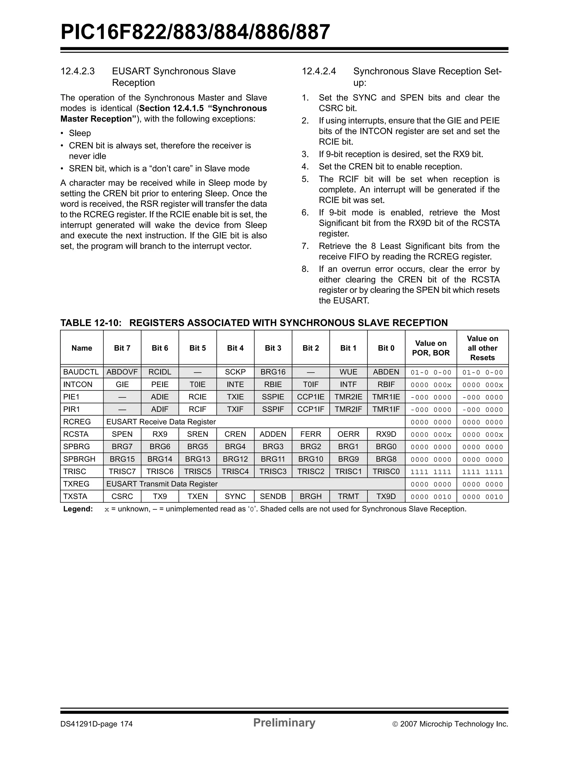 PIC16F822/883/884/886/887 
12.4.2.3 EUSART Synchronous Slave 
Reception 
The operation of the Synchronous Master and Slave 
modes is identical (Section 12.4.1.5 “Synchronous 
Master Reception”), with the following exceptions: 
• Sleep 
• CREN bit is always set, therefore the receiver is 
never idle 
• SREN bit, which is a “don’t care” in Slave mode 
A character may be received while in Sleep mode by 
setting the CREN bit prior to entering Sleep. Once the 
word is received, the RSR register will transfer the data 
to the RCREG register. If the RCIE enable bit is set, the 
interrupt generated will wake the device from Sleep 
and execute the next instruction. If the GIE bit is also 
set, the program will branch to the interrupt vector. 
12.4.2.4 Synchronous Slave Reception Set-up: 
1. Set the SYNC and SPEN bits and clear the 
CSRC bit. 
2. If using interrupts, ensure that the GIE and PEIE 
bits of the INTCON register are set and set the 
RCIE bit. 
3. If 9-bit reception is desired, set the RX9 bit. 
4. Set the CREN bit to enable reception. 
5. The RCIF bit will be set when reception is 
complete. An interrupt will be generated if the 
RCIE bit was set. 
6. If 9-bit mode is enabled, retrieve the Most 
Significant bit from the RX9D bit of the RCSTA 
register. 
7. Retrieve the 8 Least Significant bits from the 
receive FIFO by reading the RCREG register. 
8. If an overrun error occurs, clear the error by 
either clearing the CREN bit of the RCSTA 
register or by clearing the SPEN bit which resets 
the EUSART. 
TABLE 12-10: REGISTERS ASSOCIATED WITH SYNCHRONOUS SLAVE RECEPTION 
Name Bit 7 Bit 6 Bit 5 Bit 4 Bit 3 Bit 2 Bit 1 Bit 0 
Value on 
POR, BOR 
Value on 
all other 
Resets 
BAUDCTL ABDOVF RCIDL — SCKP BRG16 — WUE ABDEN 01-0 0-00 01-0 0-00 
INTCON GIE PEIE T0IE INTE RBIE T0IF INTF RBIF 0000 000x 0000 000x 
PIE1 — ADIE RCIE TXIE SSPIE CCP1IE TMR2IE TMR1IE -000 0000 -000 0000 
PIR1 — ADIF RCIF TXIF SSPIF CCP1IF TMR2IF TMR1IF -000 0000 -000 0000 
RCREG EUSART Receive Data Register 0000 0000 0000 0000 
RCSTA SPEN RX9 SREN CREN ADDEN FERR OERR RX9D 0000 000x 0000 000x 
SPBRG BRG7 BRG6 BRG5 BRG4 BRG3 BRG2 BRG1 BRG0 0000 0000 0000 0000 
SPBRGH BRG15 BRG14 BRG13 BRG12 BRG11 BRG10 BRG9 BRG8 0000 0000 0000 0000 
TRISC TRISC7 TRISC6 TRISC5 TRISC4 TRISC3 TRISC2 TRISC1 TRISC0 1111 1111 1111 1111 
TXREG EUSART Transmit Data Register 0000 0000 0000 0000 
TXSTA CSRC TX9 TXEN SYNC SENDB BRGH TRMT TX9D 0000 0010 0000 0010 
Legend: x = unknown, – = unimplemented read as ‘0’. Shaded cells are not used for Synchronous Slave Reception. 
DS41291D-page 174 Preliminary © 2007 Microchip Technology Inc. 
 
