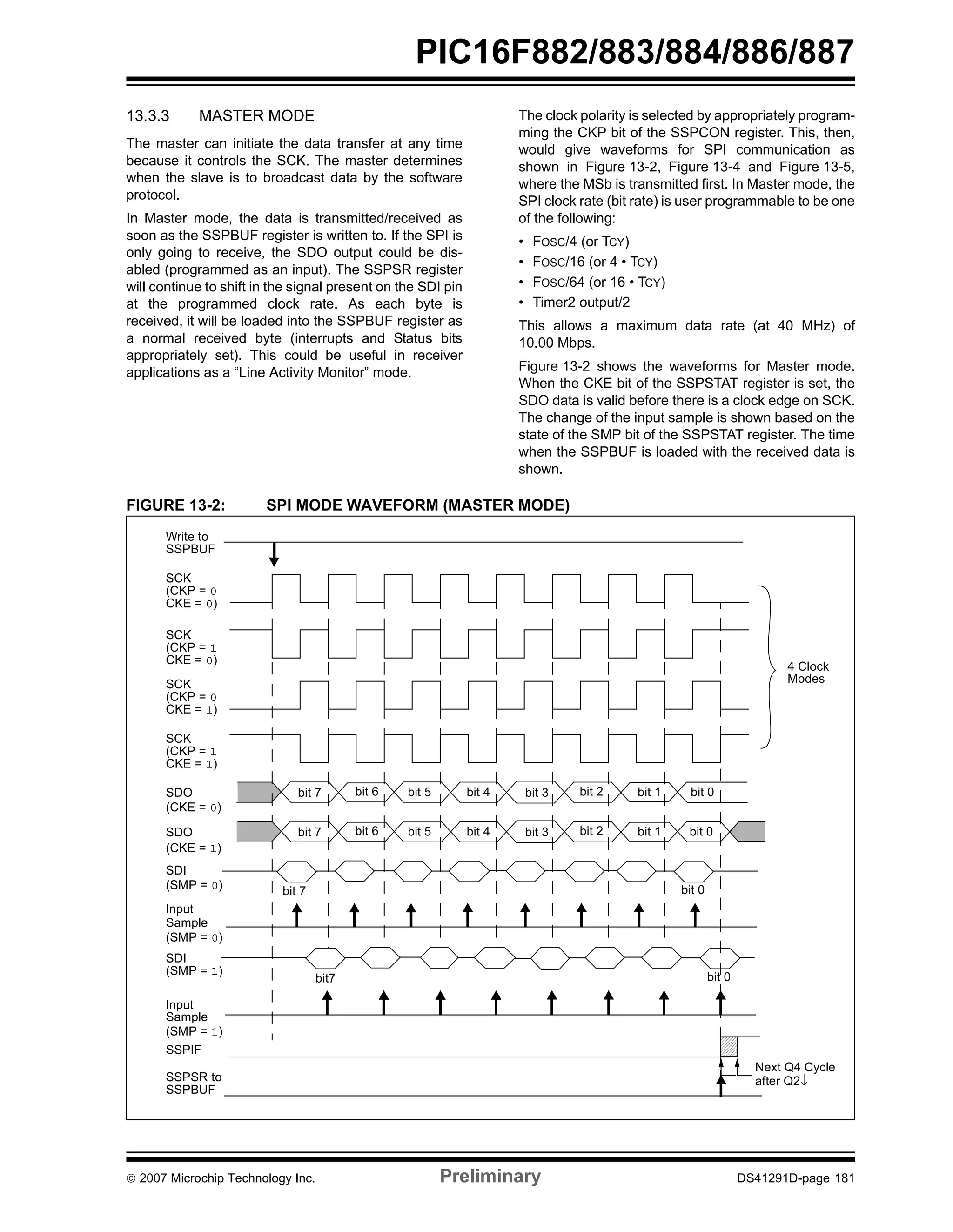 PIC16F882/883/884/886/887 
13.3.3 MASTER MODE 
The master can initiate the data transfer at any time 
because it controls the SCK. The master determines 
when the slave is to broadcast data by the software 
protocol. 
In Master mode, the data is transmitted/received as 
soon as the SSPBUF register is written to. If the SPI is 
only going to receive, the SDO output could be dis-abled 
(programmed as an input). The SSPSR register 
will continue to shift in the signal present on the SDI pin 
at the programmed clock rate. As each byte is 
received, it will be loaded into the SSPBUF register as 
a normal received byte (interrupts and Status bits 
appropriately set). This could be useful in receiver 
applications as a “Line Activity Monitor” mode. 
The clock polarity is selected by appropriately program-ming 
the CKP bit of the SSPCON register. This, then, 
would give waveforms for SPI communication as 
shown in Figure 13-2, Figure 13-4 and Figure 13-5, 
where the MSb is transmitted first. In Master mode, the 
SPI clock rate (bit rate) is user programmable to be one 
of the following: 
• FOSC/4 (or TCY) 
• FOSC/16 (or 4 • TCY) 
• FOSC/64 (or 16 • TCY) 
• Timer2 output/2 
This allows a maximum data rate (at 40 MHz) of 
10.00 Mbps. 
Figure 13-2 shows the waveforms for Master mode. 
When the CKE bit of the SSPSTAT register is set, the 
SDO data is valid before there is a clock edge on SCK. 
The change of the input sample is shown based on the 
state of the SMP bit of the SSPSTAT register. The time 
when the SSPBUF is loaded with the received data is 
shown. 
FIGURE 13-2: SPI MODE WAVEFORM (MASTER MODE) 
Write to 
SSPBUF 
SCK 
(CKP = 0 
CKE = 0) 
SCK 
(CKP = 1 
CKE = 0) 
SCK 
(CKP = 0 
CKE = 1) 
SCK 
(CKP = 1 
4 Clock 
Modes 
CKE = 1) 
SDO bit 7 bit 6 bit 5 bit 4 bit 3 bit 2 bit 1 bit 0 
(CKE = 0) 
SDO bit 7 bit 6 bit 5 bit 4 bit 3 bit 2 bit 1 bit 0 
(CKE = 1) 
SDI 
(SMP = 0) 
Input 
Sample 
(SMP = 0) 
SDI 
(SMP = 1) 
Input 
Sample 
bit 7 bit 0 
bit7 bit 0 
(SMP = 1) 
SSPIF 
SSPSR to 
SSPBUF 
Next Q4 Cycle 
after Q2↓ 
© 2007 Microchip Technology Inc. Preliminary DS41291D-page 181 
 
