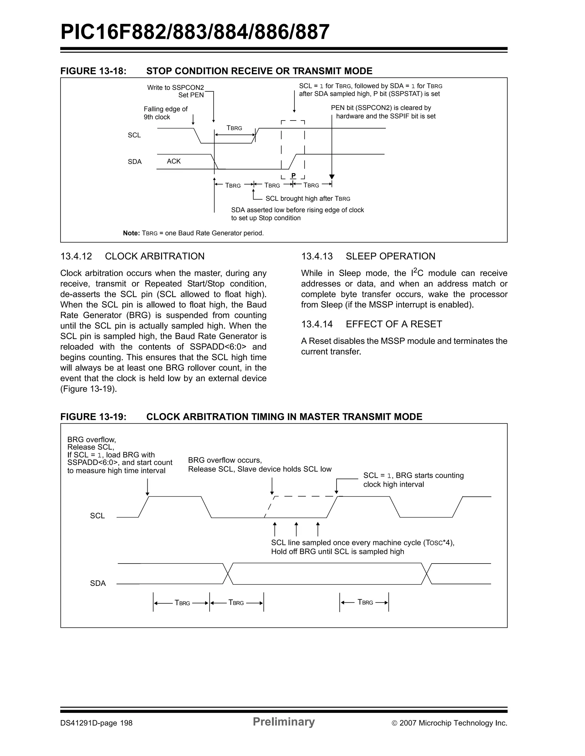PIC16F882/883/884/886/887 
FIGURE 13-18: STOP CONDITION RECEIVE OR TRANSMIT MODE 
SCL 
SDA 
SCL = 1 for TBRG, followed by SDA = 1 for TBRG 
after SDA sampled high, P bit (SSPSTAT) is set 
P 
TBRG TBRG 
PEN bit (SSPCON2) is cleared by 
hardware and the SSPIF bit is set 
SCL brought high after TBRG 
TBRG 
TBRG 
SDA asserted low before rising edge of clock 
Write to SSPCON2 
Set PEN 
Falling edge of 
9th clock 
to set up Stop condition 
ACK 
Note: TBRG = one Baud Rate Generator period. 
13.4.12 CLOCK ARBITRATION 
Clock arbitration occurs when the master, during any 
receive, transmit or Repeated Start/Stop condition, 
de-asserts the SCL pin (SCL allowed to float high). 
When the SCL pin is allowed to float high, the Baud 
Rate Generator (BRG) is suspended from counting 
until the SCL pin is actually sampled high. When the 
SCL pin is sampled high, the Baud Rate Generator is 
reloaded with the contents of SSPADD<6:0> and 
begins counting. This ensures that the SCL high time 
will always be at least one BRG rollover count, in the 
event that the clock is held low by an external device 
(Figure 13-19). 
13.4.13 SLEEP OPERATION 
While in Sleep mode, the I2C module can receive 
addresses or data, and when an address match or 
complete byte transfer occurs, wake the processor 
from Sleep (if the MSSP interrupt is enabled). 
13.4.14 EFFECT OF A RESET 
A Reset disables the MSSP module and terminates the 
current transfer. 
FIGURE 13-19: CLOCK ARBITRATION TIMING IN MASTER TRANSMIT MODE 
BRG overflow, 
Release SCL, 
If SCL = 1, load BRG with 
SSPADD<6:0>, and start count BRG overflow occurs, 
to measure high time interval 
SCL 
SDA 
Release SCL, Slave device holds SCL low 
SCL = 1, BRG starts counting 
clock high interval 
SCL line sampled once every machine cycle (TOSC*4), 
Hold off BRG until SCL is sampled high 
TBRG TBRG TBRG 
DS41291D-page 198 Preliminary © 2007 Microchip Technology Inc. 
 