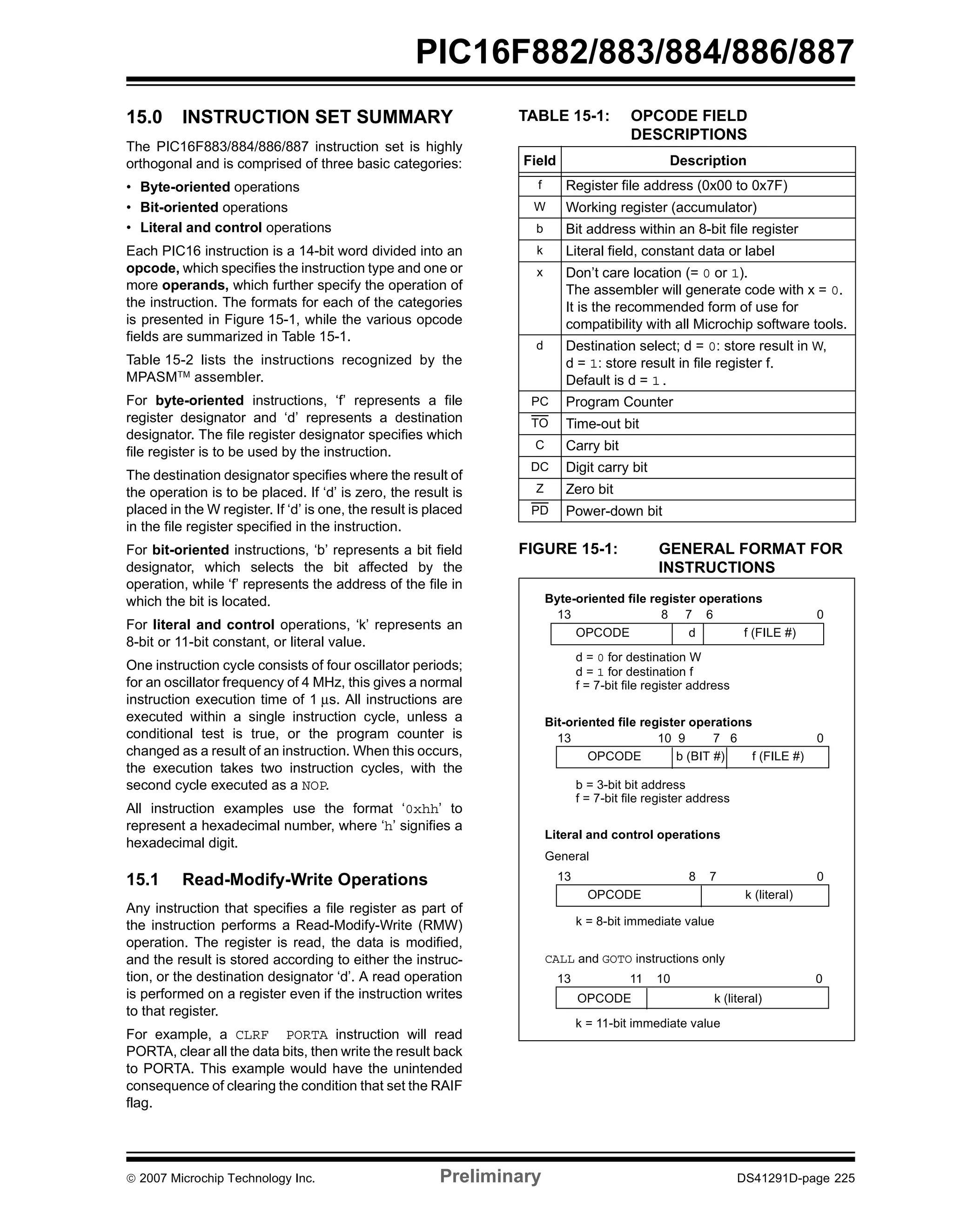 PIC16F882/883/884/886/887 
15.0 INSTRUCTION SET SUMMARY 
The PIC16F883/884/886/887 instruction set is highly 
orthogonal and is comprised of three basic categories: 
• Byte-oriented operations 
• Bit-oriented operations 
• Literal and control operations 
Each PIC16 instruction is a 14-bit word divided into an 
opcode, which specifies the instruction type and one or 
more operands, which further specify the operation of 
the instruction. The formats for each of the categories 
is presented in Figure 15-1, while the various opcode 
fields are summarized in Table 15-1. 
Table 15-2 lists the instructions recognized by the 
MPASMTM assembler. 
For byte-oriented instructions, ‘f’ represents a file 
register designator and ‘d’ represents a destination 
designator. The file register designator specifies which 
file register is to be used by the instruction. 
The destination designator specifies where the result of 
the operation is to be placed. If ‘d’ is zero, the result is 
placed in the W register. If ‘d’ is one, the result is placed 
in the file register specified in the instruction. 
For bit-oriented instructions, ‘b’ represents a bit field 
designator, which selects the bit affected by the 
operation, while ‘f’ represents the address of the file in 
which the bit is located. 
For literal and control operations, ‘k’ represents an 
8-bit or 11-bit constant, or literal value. 
One instruction cycle consists of four oscillator periods; 
for an oscillator frequency of 4 MHz, this gives a normal 
instruction execution time of 1 μs. All instructions are 
executed within a single instruction cycle, unless a 
conditional test is true, or the program counter is 
changed as a result of an instruction. When this occurs, 
the execution takes two instruction cycles, with the 
second cycle executed as a NOP. 
All instruction examples use the format ‘0xhh’ to 
represent a hexadecimal number, where ‘h’ signifies a 
hexadecimal digit. 
15.1 Read-Modify-Write Operations 
Any instruction that specifies a file register as part of 
the instruction performs a Read-Modify-Write (RMW) 
operation. The register is read, the data is modified, 
and the result is stored according to either the instruc-tion, 
or the destination designator ‘d’. A read operation 
is performed on a register even if the instruction writes 
to that register. 
For example, a CLRF PORTA instruction will read 
PORTA, clear all the data bits, then write the result back 
to PORTA. This example would have the unintended 
consequence of clearing the condition that set the RAIF 
flag. 
TABLE 15-1: OPCODE FIELD 
DESCRIPTIONS 
Field Description 
f Register file address (0x00 to 0x7F) 
W Working register (accumulator) 
b Bit address within an 8-bit file register 
k Literal field, constant data or label 
x Don’t care location (= 0 or 1). 
The assembler will generate code with x = 0. 
It is the recommended form of use for 
compatibility with all Microchip software tools. 
d Destination select; d = 0: store result in W, 
d = 1: store result in file register f. 
Default is d = 1. 
PC Program Counter 
TO Time-out bit 
C Carry bit 
DC Digit carry bit 
Z Zero bit 
PD Power-down bit 
FIGURE 15-1: GENERAL FORMAT FOR 
INSTRUCTIONS 
Byte-oriented file register operations 
13 8 7 6 0 
OPCODE d f (FILE #) 
d = 0 for destination W 
d = 1 for destination f 
f = 7-bit file register address 
Bit-oriented file register operations 
13 10 9 7 6 0 
OPCODE b (BIT #) f (FILE #) 
b = 3-bit bit address 
f = 7-bit file register address 
Literal and control operations 
General 
13 8 7 0 
OPCODE k (literal) 
k = 8-bit immediate value 
CALL and GOTO instructions only 
13 11 10 0 
OPCODE k (literal) 
k = 11-bit immediate value 
© 2007 Microchip Technology Inc. Preliminary DS41291D-page 225 
 
