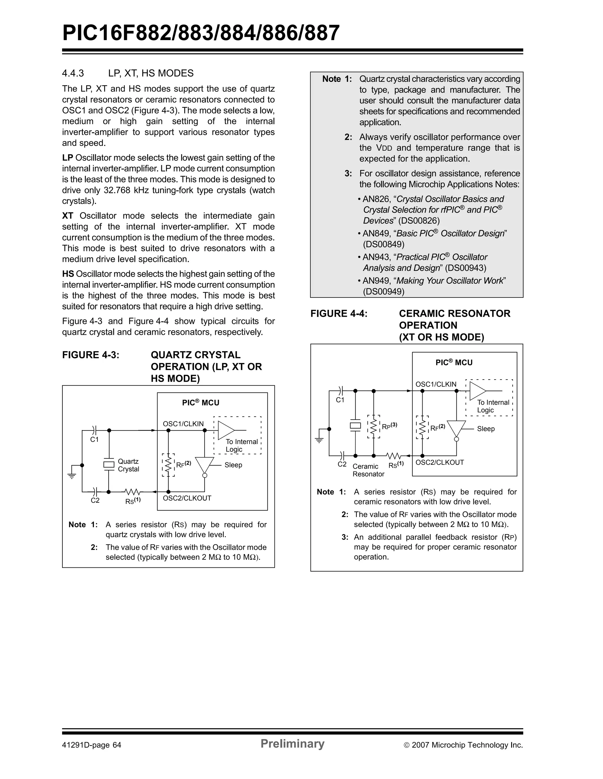 PIC16F882/883/884/886/887 
4.4.3 LP, XT, HS MODES 
The LP, XT and HS modes support the use of quartz 
crystal resonators or ceramic resonators connected to 
OSC1 and OSC2 (Figure 4-3). The mode selects a low, 
medium or high gain setting of the internal 
inverter-amplifier to support various resonator types 
and speed. 
LP Oscillator mode selects the lowest gain setting of the 
internal inverter-amplifier. LP mode current consumption 
is the least of the three modes. This mode is designed to 
drive only 32.768 kHz tuning-fork type crystals (watch 
crystals). 
XT Oscillator mode selects the intermediate gain 
setting of the internal inverter-amplifier. XT mode 
current consumption is the medium of the three modes. 
This mode is best suited to drive resonators with a 
medium drive level specification. 
HS Oscillator mode selects the highest gain setting of the 
internal inverter-amplifier. HS mode current consumption 
is the highest of the three modes. This mode is best 
suited for resonators that require a high drive setting. 
Figure 4-3 and Figure 4-4 show typical circuits for 
quartz crystal and ceramic resonators, respectively. 
FIGURE 4-3: QUARTZ CRYSTAL 
OPERATION (LP, XT OR 
HS MODE) 
Note 1: Quartz crystal characteristics vary according 
to type, package and manufacturer. The 
user should consult the manufacturer data 
sheets for specifications and recommended 
application. 
2: Always verify oscillator performance over 
the VDD and temperature range that is 
expected for the application. 
3: For oscillator design assistance, reference 
the following Microchip Applications Notes: 
• AN826, “Crystal Oscillator Basics and 
Crystal Selection for rfPIC® and PIC® 
Devices” (DS00826) 
• AN849, “Basic PIC® Oscillator Design” 
(DS00849) 
• AN943, “Practical PIC® Oscillator 
Analysis and Design” (DS00943) 
• AN949, “Making Your Oscillator Work” 
(DS00949) 
FIGURE 4-4: CERAMIC RESONATOR 
OPERATION 
(XT OR HS MODE) 
C1 
C2 
Quartz 
Crystal 
RS(1) 
PIC® MCU 
OSC1/CLKIN 
To Internal 
Logic 
RF(2) Sleep 
OSC2/CLKOUT 
Note 1: A series resistor (RS) may be required for 
quartz crystals with low drive level. 
2: The value of RF varies with the Oscillator mode 
selected (typically between 2 MΩ to 10 MΩ). 
C1 
RP(3) 
C2 Ceramic RS(1) 
PIC® MCU 
OSC1/CLKIN 
To Internal 
Logic 
RF(2) Sleep 
Resonator 
OSC2/CLKOUT 
Note 1: A series resistor (RS) may be required for 
ceramic resonators with low drive level. 
2: The value of RF varies with the Oscillator mode 
selected (typically between 2 MΩ to 10 MΩ). 
3: An additional parallel feedback resistor (RP) 
may be required for proper ceramic resonator 
operation. 
41291D-page 64 Preliminary © 2007 Microchip Technology Inc. 
 