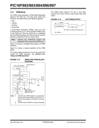PIC16F882/883/884/886/887 
11.5 PWM Mode 
The PWM mode generates a Pulse-Width Modulated 
signal on the CCPx pin. The duty cycle, period and 
resolution are determined by the following registers: 
• PR2 
• T2CON 
• CCPRxL 
• CCPxCON 
In Pulse-Width Modulation (PWM) mode, the CCP 
module produces up to a 10-bit resolution PWM output 
on the CCPx pin. Since the CCPx pin is multiplexed 
with the PORT data latch, the TRIS for that pin must be 
cleared to enable the CCPx pin output driver. 
Note: Clearing the CCPxCON register will 
relinquish CCPx control of the CCPx pin. 
Figure 11-3 shows a simplified block diagram of PWM 
operation. 
Figure 11-4 shows a typical waveform of the PWM 
signal. 
For a step-by-step procedure on how to set up the CCP 
module for PWM operation, see Section 11.5.7 
“Setup for PWM Operation”. 
FIGURE 11-3: SIMPLIFIED PWM BLOCK 
DIAGRAM 
The PWM output (Figure 11-4) has a time base 
(period) and a time that the output stays high (duty 
cycle). 
FIGURE 11-4: CCP PWM OUTPUT 
Duty Cycle Registers 
CCPRxL 
CCPRxH(2) (Slave) 
Comparator 
TMR2 
Comparator 
PR2 
(1) 
CCPxCON<5:4> 
R Q 
S 
Clear Timer2, 
toggle CCPx pin and 
latch duty cycle 
TRIS 
CCPx 
Note 1: The 8-bit timer TMR2 register is concatenated 
with the 2-bit internal system clock (FOSC), or 
2 bits of the prescaler, to create the 10-bit time 
base. 
2: In PWM mode, CCPRxH is a read-only register. 
Period 
Pulse Width 
TMR2 = 0 
TMR2 = PR2 
TMR2 = CCPRxL:CCPxCON<5:4> 
DS41291D-page 128 Preliminary © 2007 Microchip Technology Inc. 
 