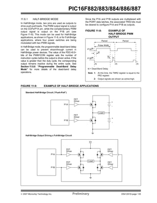 PIC16F882/883/884/886/887 
11.6.1 HALF-BRIDGE MODE 
In Half-Bridge mode, two pins are used as outputs to 
drive push-pull loads. The PWM output signal is output 
on the CCPx/P1A pin, while the complementary PWM 
output signal is output on the P1B pin (see 
Figure 11-9). This mode can be used for Half-Bridge 
applications, as shown in Figure 11-9, or for Full-Bridge 
applications, where four power switches are being 
modulated with two PWM signals. 
In Half-Bridge mode, the programmable dead-band delay 
can be used to prevent shoot-through current in 
Half-Bridge power devices. The value of the PDC<6:0> 
bits of the PWM1CON register sets the number of 
instruction cycles before the output is driven active. If the 
value is greater than the duty cycle, the corresponding 
output remains inactive during the entire cycle. See 
Section 11.6.6 “Programmable Dead-Band Delay 
Mode” for more details of the dead-band delay 
operations. 
Since the P1A and P1B outputs are multiplexed with 
the PORT data latches, the associated TRIS bits must 
be cleared to configure P1A and P1B as outputs. 
FIGURE 11-8: EXAMPLE OF 
HALF-BRIDGE PWM 
OUTPUT 
Pulse Width 
td 
(1) 
P1A(2) 
P1B(2) 
td = Dead-Band Delay 
Note 1: At this time, the TMR2 register is equal to the 
PR2 register. 
2: Output signals are shown as active-high. 
FIGURE 11-9: EXAMPLE OF HALF-BRIDGE APPLICATIONS 
Period 
td 
Period 
(1) (1) 
Standard Half-Bridge Circuit (“Push-Pull”) 
P1A 
P1B 
FET 
Driver 
FET 
Driver 
Load 
+ 
- 
+ 
- 
Half-Bridge Output Driving a Full-Bridge Circuit 
FET 
Driver 
FET 
Driver 
V+ 
Load 
FET 
Driver 
FET 
Driver 
P1A 
P1B 
© 2007 Microchip Technology Inc. Preliminary DS41291D-page 135 
 