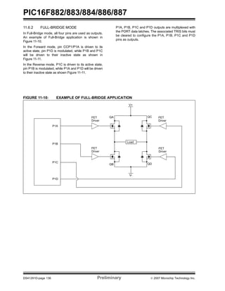 PIC16F882/883/884/886/887 
11.6.2 FULL-BRIDGE MODE 
In Full-Bridge mode, all four pins are used as outputs. 
An example of Full-Bridge application is shown in 
Figure 11-10. 
In the Forward mode, pin CCP1/P1A is driven to its 
active state, pin P1D is modulated, while P1B and P1C 
will be driven to their inactive state as shown in 
Figure 11-11. 
In the Reverse mode, P1C is driven to its active state, 
pin P1B is modulated, while P1A and P1D will be driven 
to their inactive state as shown Figure 11-11. 
P1A, P1B, P1C and P1D outputs are multiplexed with 
the PORT data latches. The associated TRIS bits must 
be cleared to configure the P1A, P1B, P1C and P1D 
pins as outputs. 
FIGURE 11-10: EXAMPLE OF FULL-BRIDGE APPLICATION 
P1A 
P1B 
P1C 
FET 
Driver 
FET 
Driver 
V+ 
QC 
QB QD 
V-Load 
FET 
Driver 
FET 
Driver 
P1D 
QA 
DS41291D-page 136 Preliminary © 2007 Microchip Technology Inc. 
 