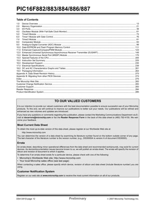 PIC16F882/883/884/886/887 
Table of Contents 
1.0 Device Overview ........................................................................................................................................................................ 13 
2.0 Memory Organization ................................................................................................................................................................. 21 
3.0 I/O Ports ..................................................................................................................................................................................... 39 
4.0 Oscillator Module (With Fail-Safe Clock Monitor)....................................................................................................................... 61 
5.0 Timer0 Module ........................................................................................................................................................................... 73 
6.0 Timer1 Module with Gate Control............................................................................................................................................... 76 
7.0 Timer2 Module ........................................................................................................................................................................... 81 
8.0 Comparator Module.................................................................................................................................................................... 83 
9.0 Analog-to-Digital Converter (ADC) Module ................................................................................................................................ 99 
10.0 Data EEPROM and Flash Program Memory Control ............................................................................................................... 111 
11.0 Enhanced Capture/Compare/PWM Module ............................................................................................................................. 123 
12.0 Enhanced Universal Synchronous Asynchronous Receiver Transmitter (EUSART) ............................................................... 149 
13.0 Master Synchronous Serial Port (MSSP) Module .................................................................................................................... 175 
14.0 Special Features of the CPU.................................................................................................................................................... 205 
15.0 Instruction Set Summary .......................................................................................................................................................... 225 
16.0 Development Support............................................................................................................................................................... 235 
17.0 Electrical Specifications............................................................................................................................................................ 239 
18.0 DC and AC Characteristics Graphs and Tables....................................................................................................................... 261 
19.0 Packaging Information.............................................................................................................................................................. 263 
Appendix A: Data Sheet Revision History.......................................................................................................................................... 273 
Appendix B: Migrating from other PIC® Devices ............................................................................................................................... 273 
Index .................................................................................................................................................................................................. 275 
The Microchip Web Site ..................................................................................................................................................................... 283 
Customer Change Notification Service .............................................................................................................................................. 283 
Customer Support .............................................................................................................................................................................. 283 
Reader Response .............................................................................................................................................................................. 284 
Product Identification System............................................................................................................................................................. 285 
TO OUR VALUED CUSTOMERS 
It is our intention to provide our valued customers with the best documentation possible to ensure successful use of your Microchip 
products. To this end, we will continue to improve our publications to better suit your needs. Our publications will be refined and 
enhanced as new volumes and updates are introduced. 
If you have any questions or comments regarding this publication, please contact the Marketing Communications Department via E-mail 
at docerrors@microchip.com or fax the Reader Response Form in the back of this data sheet to (480) 792-4150. We wel-come 
your feedback. 
Most Current Data Sheet 
To obtain the most up-to-date version of this data sheet, please register at our Worldwide Web site at: 
http://www.microchip.com 
You can determine the version of a data sheet by examining its literature number found on the bottom outside corner of any page. 
The last character of the literature number is the version number, (e.g., DS30000A is version A of document DS30000). 
Errata 
An errata sheet, describing minor operational differences from the data sheet and recommended workarounds, may exist for current 
devices. As device/documentation issues become known to us, we will publish an errata sheet. The errata will specify the revision of 
silicon and revision of document to which it applies. 
To determine if an errata sheet exists for a particular device, please check with one of the following: 
• Microchip’s Worldwide Web site; http://www.microchip.com 
• Your local Microchip sales office (see last page) 
When contacting a sales office, please specify which device, revision of silicon and data sheet (include literature number) you are 
using. 
Customer Notification System 
Register on our web site at www.microchip.com to receive the most current information on all of our products. 
DS41291D-page 12 Preliminary © 2007 Microchip Technology Inc. 
 