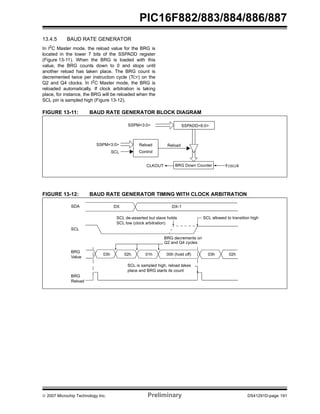 PIC16F882/883/884/886/887 
13.4.5 BAUD RATE GENERATOR 
In I2C Master mode, the reload value for the BRG is 
located in the lower 7 bits of the SSPADD register 
(Figure 13-11). When the BRG is loaded with this 
value, the BRG counts down to 0 and stops until 
another reload has taken place. The BRG count is 
decremented twice per instruction cycle (TCY) on the 
Q2 and Q4 clocks. In I2C Master mode, the BRG is 
reloaded automatically. If clock arbitration is taking 
place, for instance, the BRG will be reloaded when the 
SCL pin is sampled high (Figure 13-12). 
FIGURE 13-11: BAUD RATE GENERATOR BLOCK DIAGRAM 
SSPM<3:0> 
SSPADD<6:0> 
Reload 
Control 
Reload 
CLKOUT BRG Down Counter FOSC/4 
SSPM<3:0> 
SCL 
FIGURE 13-12: BAUD RATE GENERATOR TIMING WITH CLOCK ARBITRATION 
SDA 
SCL 
DX DX-1 
SCL de-asserted but slave holds 
BRG 
Value 
BRG 
SCL low (clock arbitration) 
SCL allowed to transition high 
BRG decrements on 
Q2 and Q4 cycles 
03h 02h 01h 00h (hold off) 03h 02h 
SCL is sampled high, reload takes 
place and BRG starts its count 
Reload 
© 2007 Microchip Technology Inc. Preliminary DS41291D-page 191 
 