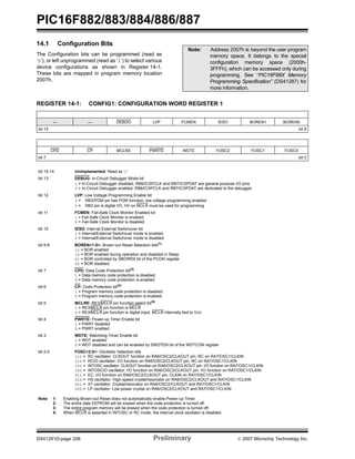 PIC16F882/883/884/886/887 
14.1 Configuration Bits 
The Configuration bits can be programmed (read as 
‘0’), or left unprogrammed (read as ‘1’) to select various 
device configurations as shown in Register 14-1. 
These bits are mapped in program memory location 
2007h. 
Note: Address 2007h is beyond the user program 
memory space. It belongs to the special 
configuration memory space (2000h- 
3FFFh), which can be accessed only during 
programming. See “PIC16F88X Memory 
Programming Specification” (DS41287) for 
more information. 
REGISTER 14-1: CONFIG1: CONFIGURATION WORD REGISTER 1 
— — DEBUG LVP FCMEN IESO BOREN1 BOREN0 
bit 15 bit 8 
CPD CP MCLRE PWRTE WDTE FOSC2 FOSC1 FOSC0 
bit 7 bit 0 
bit 15-14 Unimplemented: Read as ‘1’ 
bit 13 DEBUG: In-Circuit Debugger Mode bit 
1 = In-Circuit Debugger disabled, RB6/ICSPCLK and RB7/ICSPDAT are general purpose I/O pins 
0 = In-Circuit Debugger enabled, RB6/ICSPCLK and RB7/ICSPDAT are dedicated to the debugger 
bit 12 LVP: Low Voltage Programming Enable bit 
1 = RB3/PGM pin has PGM function, low voltage programming enabled 
0 = RB3 pin is digital I/O, HV on MCLR must be used for programming 
bit 11 FCMEN: Fail-Safe Clock Monitor Enabled bit 
1 = Fail-Safe Clock Monitor is enabled 
0 = Fail-Safe Clock Monitor is disabled 
bit 10 IESO: Internal External Switchover bit 
1 = Internal/External Switchover mode is enabled 
0 = Internal/External Switchover mode is disabled 
bit 9-8 BOREN<1:0>: Brown-out Reset Selection bits(1) 
11 = BOR enabled 
10 = BOR enabled during operation and disabled in Sleep 
01 = BOR controlled by SBOREN bit of the PCON register 
00 = BOR disabled 
bit 7 CPD: Data Code Protection bit(2) 
1 = Data memory code protection is disabled 
0 = Data memory code protection is enabled 
bit 6 CP: Code Protection bit(3) 
1 = Program memory code protection is disabled 
0 = Program memory code protection is enabled 
bit 5 MCLRE: RE3/MCLR pin function select bit(4) 
1 = RE3/MCLR pin function is MCLR 
0 = RE3/MCLR pin function is digital input, MCLR internally tied to VDD 
bit 4 PWRTE: Power-up Timer Enable bit 
1 = PWRT disabled 
0 = PWRT enabled 
bit 3 WDTE: Watchdog Timer Enable bit 
1 = WDT enabled 
0 = WDT disabled and can be enabled by SWDTEN bit of the WDTCON register 
bit 2-0 FOSC<2:0>: Oscillator Selection bits 
111 = RC oscillator: CLKOUT function on RA6/OSC2/CLKOUT pin, RC on RA7/OSC1/CLKIN 
110 = RCIO oscillator: I/O function on RA6/OSC2/CLKOUT pin, RC on RA7/OSC1/CLKIN 
101 = INTOSC oscillator: CLKOUT function on RA6/OSC2/CLKOUT pin, I/O function on RA7/OSC1/CLKIN 
100 = INTOSCIO oscillator: I/O function on RA6/OSC2/CLKOUT pin, I/O function on RA7/OSC1/CLKIN 
011 = EC: I/O function on RA6/OSC2/CLKOUT pin, CLKIN on RA7/OSC1/CLKIN 
010 = HS oscillator: High-speed crystal/resonator on RA6/OSC2/CLKOUT and RA7/OSC1/CLKIN 
001 = XT oscillator: Crystal/resonator on RA6/OSC2/CLKOUT and RA7/OSC1/CLKIN 
000 = LP oscillator: Low-power crystal on RA6/OSC2/CLKOUT and RA7/OSC1/CLKIN 
Note 1: Enabling Brown-out Reset does not automatically enable Power-up Timer. 
2: The entire data EEPROM will be erased when the code protection is turned off. 
3: The entire program memory will be erased when the code protection is turned off. 
4: When MCLR is asserted in INTOSC or RC mode, the internal clock oscillator is disabled. 
DS41291D-page 206 Preliminary © 2007 Microchip Technology Inc. 
 
