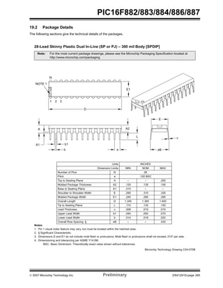 PIC16F882/883/884/886/887 
19.2 Package Details 
The following sections give the technical details of the packages. 
28-Lead Skinny Plastic Dual In-Line (SP or PJ) – 300 mil Body [SPDIP] 
Note: For the most current package drawings, please see the Microchip Packaging Specification located at 
http://www.microchip.com/packaging 
E1 
L 
A2 
A 
3 
A1 b1 
b e 
Units INCHES 
E 
eB 
Dimension Limits MIN NOM MAX 
D 
Number of Pins N 28 
Pitch e .100 BSC 
Top to Seating Plane A – – .200 
Molded Package Thickness A2 .120 .135 .150 
Base to Seating Plane A1 .015 – – 
Shoulder to Shoulder Width E .290 .310 .335 
Molded Package Width E1 .240 .285 .295 
Overall Length D 1.345 1.365 1.400 
Tip to Seating Plane L .110 .130 .150 
Lead Thickness c .008 .010 .015 
Upper Lead Width b1 .040 .050 .070 
Lower Lead Width b .014 .018 .022 
Overall Row Spacing § eB – – .430 
NOTE 1 
N 
1 2 
c 
Notes: 
1. Pin 1 visual index feature may vary, but must be located within the hatched area. 
2. § Significant Characteristic. 
3. Dimensions D and E1 do not include mold flash or protrusions. Mold flash or protrusions shall not exceed .010" per side. 
4. Dimensioning and tolerancing per ASME Y14.5M. 
BSC: Basic Dimension. Theoretically exact value shown without tolerances. 
Microchip Technology Drawing C04-070B 
© 2007 Microchip Technology Inc. Preliminary DS41291D-page 265 
 