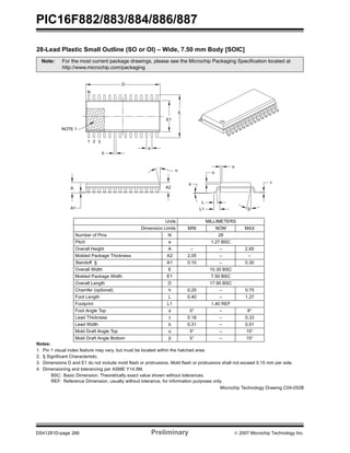 PIC16F882/883/884/886/887 
28-Lead Plastic Small Outline (SO or OI) – Wide, 7.50 mm Body [SOIC] 
Note: For the most current package drawings, please see the Microchip Packaging Specification located at 
http://www.microchip.com/packaging 
h 
h 
L 
L1 
E1 
A2 
E 
φ 
α 
Units MILLIMETERS 
e 
β 
Dimension Limits MIN NOM MAX 
NOTE 1 
A 
A1 
N 
1 2 3 
b 
D 
Number of Pins N 28 
Pitch e 1.27 BSC 
Overall Height A – – 2.65 
Molded Package Thickness A2 2.05 – – 
Standoff § A1 0.10 – 0.30 
Overall Width E 10.30 BSC 
Molded Package Width E1 7.50 BSC 
Overall Length D 17.90 BSC 
Chamfer (optional) h 0.25 – 0.75 
Foot Length L 0.40 – 1.27 
Footprint L1 1.40 REF 
Foot Angle Top φ 0° – 8° 
Lead Thickness c 0.18 – 0.33 
Lead Width b 0.31 – 0.51 
Mold Draft Angle Top α 5° – 15° 
Mold Draft Angle Bottom β 5° – 15° 
c 
Notes: 
1. Pin 1 visual index feature may vary, but must be located within the hatched area. 
2. § Significant Characteristic. 
3. Dimensions D and E1 do not include mold flash or protrusions. Mold flash or protrusions shall not exceed 0.15 mm per side. 
4. Dimensioning and tolerancing per ASME Y14.5M. 
BSC: Basic Dimension. Theoretically exact value shown without tolerances. 
REF: Reference Dimension, usually without tolerance, for information purposes only. 
Microchip Technology Drawing C04-052B 
DS41291D-page 266 Preliminary © 2007 Microchip Technology Inc. 
 