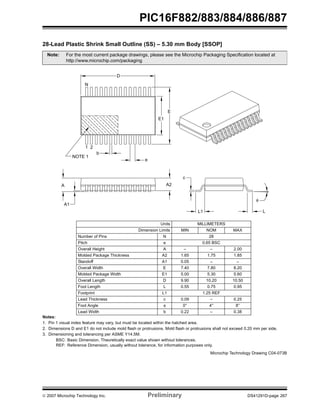 PIC16F882/883/884/886/887 
28-Lead Plastic Shrink Small Outline (SS) – 5.30 mm Body [SSOP] 
Note: For the most current package drawings, please see the Microchip Packaging Specification located at 
http://www.microchip.com/packaging 
φ 
L1 L 
c 
E 
A2 
E1 
Units MILLIMETERS 
e 
Dimension Limits MIN NOM MAX 
D 
N 
1 2 
NOTE 1 
b 
Number of Pins N 28 
Pitch e 0.65 BSC 
Overall Height A – – 2.00 
Molded Package Thickness A2 1.65 1.75 1.85 
Standoff A1 0.05 – – 
Overall Width E 7.40 7.80 8.20 
Molded Package Width E1 5.00 5.30 5.60 
Overall Length D 9.90 10.20 10.50 
Foot Length L 0.55 0.75 0.95 
Footprint L1 1.25 REF 
Lead Thickness c 0.09 – 0.25 
Foot Angle φ 0° 4° 8° 
Lead Width b 0.22 – 0.38 
A 
A1 
Notes: 
1. Pin 1 visual index feature may vary, but must be located within the hatched area. 
2. Dimensions D and E1 do not include mold flash or protrusions. Mold flash or protrusions shall not exceed 0.20 mm per side. 
3. Dimensioning and tolerancing per ASME Y14.5M. 
BSC: Basic Dimension. Theoretically exact value shown without tolerances. 
REF: Reference Dimension, usually without tolerance, for information purposes only. 
Microchip Technology Drawing C04-073B 
© 2007 Microchip Technology Inc. Preliminary DS41291D-page 267 
 