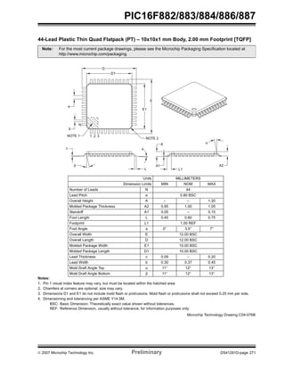 PIC16F882/883/884/886/887 
44-Lead Plastic Thin Quad Flatpack (PT) – 10x10x1 mm Body, 2.00 mm Footprint [TQFP] 
Note: For the most current package drawings, please see the Microchip Packaging Specification located at 
http://www.microchip.com/packaging 
A 
E 
E1 
NOTE 2 
A1 
L 
L1 
φ 
Units MILLIMETERS 
α 
Dimension Limits MIN NOM MAX 
D 
D1 
e 
b 
N 
NOTE 1 
1 2 3 
β 
Number of Leads N 44 
Lead Pitch e 0.80 BSC 
Overall Height A – – 1.20 
Molded Package Thickness A2 0.95 1.00 1.05 
Standoff A1 0.05 – 0.15 
Foot Length L 0.45 0.60 0.75 
Footprint L1 1.00 REF 
Foot Angle φ 0° 3.5° 7° 
Overall Width E 12.00 BSC 
Overall Length D 12.00 BSC 
Molded Package Width E1 10.00 BSC 
Molded Package Length D1 10.00 BSC 
Lead Thickness c 0.09 – 0.20 
Lead Width b 0.30 0.37 0.45 
Mold Draft Angle Top α 11° 12° 13° 
Mold Draft Angle Bottom β 11° 12° 13° 
c 
A2 
Notes: 
1. Pin 1 visual index feature may vary, but must be located within the hatched area. 
2. Chamfers at corners are optional; size may vary. 
3. Dimensions D1 and E1 do not include mold flash or protrusions. Mold flash or protrusions shall not exceed 0.25 mm per side. 
4. Dimensioning and tolerancing per ASME Y14.5M. 
BSC: Basic Dimension. Theoretically exact value shown without tolerances. 
REF: Reference Dimension, usually without tolerance, for information purposes only. 
Microchip Technology Drawing C04-076B 
© 2007 Microchip Technology Inc. Preliminary DS41291D-page 271 
 