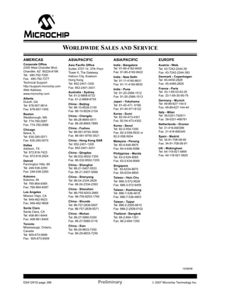 AMERICAS 
Corporate Office 
2355 West Chandler Blvd. 
Chandler, AZ 85224-6199 
Tel: 480-792-7200 
Fax: 480-792-7277 
Technical Support: 
http://support.microchip.com 
Web Address: 
www.microchip.com 
Atlanta 
Duluth, GA 
Tel: 678-957-9614 
Fax: 678-957-1455 
Boston 
Westborough, MA 
Tel: 774-760-0087 
Fax: 774-760-0088 
Chicago 
Itasca, IL 
Tel: 630-285-0071 
Fax: 630-285-0075 
Dallas 
Addison, TX 
Tel: 972-818-7423 
Fax: 972-818-2924 
Detroit 
Farmington Hills, MI 
Tel: 248-538-2250 
Fax: 248-538-2260 
Kokomo 
Kokomo, IN 
Tel: 765-864-8360 
Fax: 765-864-8387 
Los Angeles 
Mission Viejo, CA 
Tel: 949-462-9523 
Fax: 949-462-9608 
Santa Clara 
Santa Clara, CA 
Tel: 408-961-6444 
Fax: 408-961-6445 
Toronto 
Mississauga, Ontario, 
Canada 
Tel: 905-673-0699 
Fax: 905-673-6509 
WORLDWIDE SALES AND SERVICE 
ASIA/PACIFIC 
Asia Pacific Office 
Suites 3707-14, 37th Floor 
Tower 6, The Gateway 
Habour City, Kowloon 
Hong Kong 
Tel: 852-2401-1200 
Fax: 852-2401-3431 
Australia - Sydney 
Tel: 61-2-9868-6733 
Fax: 61-2-9868-6755 
China - Beijing 
Tel: 86-10-8528-2100 
Fax: 86-10-8528-2104 
China - Chengdu 
Tel: 86-28-8665-5511 
Fax: 86-28-8665-7889 
China - Fuzhou 
Tel: 86-591-8750-3506 
Fax: 86-591-8750-3521 
China - Hong Kong SAR 
Tel: 852-2401-1200 
Fax: 852-2401-3431 
China - Qingdao 
Tel: 86-532-8502-7355 
Fax: 86-532-8502-7205 
China - Shanghai 
Tel: 86-21-5407-5533 
Fax: 86-21-5407-5066 
China - Shenyang 
Tel: 86-24-2334-2829 
Fax: 86-24-2334-2393 
China - Shenzhen 
Tel: 86-755-8203-2660 
Fax: 86-755-8203-1760 
China - Shunde 
Tel: 86-757-2839-5507 
Fax: 86-757-2839-5571 
China - Wuhan 
Tel: 86-27-5980-5300 
Fax: 86-27-5980-5118 
China - Xian 
Tel: 86-29-8833-7250 
Fax: 86-29-8833-7256 
ASIA/PACIFIC 
India - Bangalore 
Tel: 91-80-4182-8400 
Fax: 91-80-4182-8422 
India - New Delhi 
Tel: 91-11-4160-8631 
Fax: 91-11-4160-8632 
India - Pune 
Tel: 91-20-2566-1512 
Fax: 91-20-2566-1513 
Japan - Yokohama 
Tel: 81-45-471- 6166 
Fax: 81-45-471-6122 
Korea - Gumi 
Tel: 82-54-473-4301 
Fax: 82-54-473-4302 
Korea - Seoul 
Tel: 82-2-554-7200 
Fax: 82-2-558-5932 or 
82-2-558-5934 
Malaysia - Penang 
Tel: 60-4-646-8870 
Fax: 60-4-646-5086 
Philippines - Manila 
Tel: 63-2-634-9065 
Fax: 63-2-634-9069 
Singapore 
Tel: 65-6334-8870 
Fax: 65-6334-8850 
Taiwan - Hsin Chu 
Tel: 886-3-572-9526 
Fax: 886-3-572-6459 
Taiwan - Kaohsiung 
Tel: 886-7-536-4818 
Fax: 886-7-536-4803 
Taiwan - Taipei 
Tel: 886-2-2500-6610 
Fax: 886-2-2508-0102 
Thailand - Bangkok 
Tel: 66-2-694-1351 
Fax: 66-2-694-1350 
EUROPE 
Austria - Wels 
Tel: 43-7242-2244-39 
Fax: 43-7242-2244-393 
Denmark - Copenhagen 
Tel: 45-4450-2828 
Fax: 45-4485-2829 
France - Paris 
Tel: 33-1-69-53-63-20 
Fax: 33-1-69-30-90-79 
Germany - Munich 
Tel: 49-89-627-144-0 
Fax: 49-89-627-144-44 
Italy - Milan 
Tel: 39-0331-742611 
Fax: 39-0331-466781 
Netherlands - Drunen 
Tel: 31-416-690399 
Fax: 31-416-690340 
Spain - Madrid 
Tel: 34-91-708-08-90 
Fax: 34-91-708-08-91 
UK - Wokingham 
Tel: 44-118-921-5869 
Fax: 44-118-921-5820 
12/08/06 
DS41291D-page 286 Preliminary © 2007 Microchip Technology Inc. 
