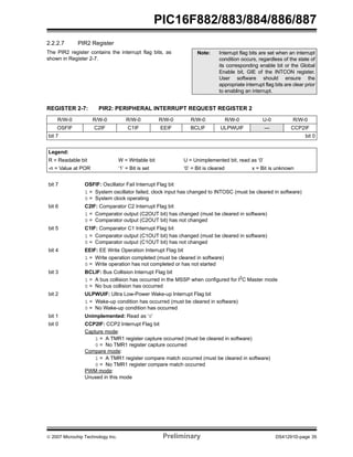 PIC16F882/883/884/886/887 
2.2.2.7 PIR2 Register 
The PIR2 register contains the interrupt flag bits, as 
shown in Register 2-7. 
Note: Interrupt flag bits are set when an interrupt 
condition occurs, regardless of the state of 
its corresponding enable bit or the Global 
Enable bit, GIE of the INTCON register. 
User software should ensure the 
appropriate interrupt flag bits are clear prior 
to enabling an interrupt. 
REGISTER 2-7: PIR2: PERIPHERAL INTERRUPT REQUEST REGISTER 2 
R/W-0 R/W-0 R/W-0 R/W-0 R/W-0 R/W-0 U-0 R/W-0 
OSFIF C2IF C1IF EEIF BCLIF ULPWUIF — CCP2IF 
bit 7 bit 0 
Legend: 
R = Readable bit W = Writable bit U = Unimplemented bit, read as ‘0’ 
-n = Value at POR ‘1’ = Bit is set ‘0’ = Bit is cleared x = Bit is unknown 
bit 7 OSFIF: Oscillator Fail Interrupt Flag bit 
1 = System oscillator failed, clock input has changed to INTOSC (must be cleared in software) 
0 = System clock operating 
bit 6 C2IF: Comparator C2 Interrupt Flag bit 
1 = Comparator output (C2OUT bit) has changed (must be cleared in software) 
0 = Comparator output (C2OUT bit) has not changed 
bit 5 C1IF: Comparator C1 Interrupt Flag bit 
1 = Comparator output (C1OUT bit) has changed (must be cleared in software) 
0 = Comparator output (C1OUT bit) has not changed 
bit 4 EEIF: EE Write Operation Interrupt Flag bit 
1 = Write operation completed (must be cleared in software) 
0 = Write operation has not completed or has not started 
bit 3 BCLIF: Bus Collision Interrupt Flag bit 
1 = A bus collision has occurred in the MSSP when configured for I2C Master mode 
0 = No bus collision has occurred 
bit 2 ULPWUIF: Ultra Low-Power Wake-up Interrupt Flag bit 
1 = Wake-up condition has occurred (must be cleared in software) 
0 = No Wake-up condition has occurred 
bit 1 Unimplemented: Read as ‘0’ 
bit 0 CCP2IF: CCP2 Interrupt Flag bit 
Capture mode: 
1 = A TMR1 register capture occurred (must be cleared in software) 
0 = No TMR1 register capture occurred 
Compare mode: 
1 = A TMR1 register compare match occurred (must be cleared in software) 
0 = No TMR1 register compare match occurred 
PWM mode: 
Unused in this mode 
© 2007 Microchip Technology Inc. Preliminary DS41291D-page 35 
 