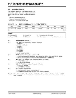 PIC16F882/883/884/886/887 
4.2 Oscillator Control 
The Oscillator Control (OSCCON) register (Figure 4-1) 
controls the system clock and frequency selection 
options. The OSCCON register contains the following 
bits: 
• Frequency selection bits (IRCF) 
• Frequency Status bits (HTS, LTS) 
• System clock control bits (OSTS, SCS) 
REGISTER 4-1: OSCCON: OSCILLATOR CONTROL REGISTER 
U-0 R/W-1 R/W-1 R/W-0 R-1 R-0 R-0 R/W-0 
— IRCF2 IRCF1 IRCF0 OSTS(1) HTS LTS SCS 
bit 7 bit 0 
Legend: 
R = Readable bit W = Writable bit U = Unimplemented bit, read as ‘0’ 
-n = Value at POR ‘1’ = Bit is set ‘0’ = Bit is cleared x = Bit is unknown 
bit 7 Unimplemented: Read as ‘0’ 
bit 6-4 IRCF<2:0>: Internal Oscillator Frequency Select bits 
111 = 8 MHz 
110 = 4 MHz (default) 
101 = 2 MHz 
100 = 1 MHz 
011 = 500 kHz 
010 = 250 kHz 
001 = 125 kHz 
000 = 31 kHz (LFINTOSC) 
bit 3 OSTS: Oscillator Start-up Time-out Status bit(1) 
1 = Device is running from the external clock defined by FOSC<2:0> of the CONFIG1 register 
0 = Device is running from the internal oscillator (HFINTOSC or LFINTOSC) 
bit 2 HTS: HFINTOSC Status bit (High Frequency – 8 MHz to 125 kHz) 
1 = HFINTOSC is stable 
0 = HFINTOSC is not stable 
bit 1 LTS: LFINTOSC Stable bit (Low Frequency – 31 kHz) 
1 = LFINTOSC is stable 
0 = LFINTOSC is not stable 
bit 0 SCS: System Clock Select bit 
1 = Internal oscillator is used for system clock 
0 = Clock source defined by FOSC<2:0> of the CONFIG1 register 
Note 1: Bit resets to ‘0’ with Two-Speed Start-up and LP, XT or HS selected as the Oscillator mode or Fail-Safe 
mode is enabled. 
41291D-page 62 Preliminary © 2007 Microchip Technology Inc. 
 