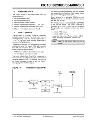 PIC16F882/883/884/886/887 
7.0 TIMER2 MODULE 
The Timer2 module is an eight-bit timer with the 
following features: 
• 8-bit timer register (TMR2) 
• 8-bit period register (PR2) 
• Interrupt on TMR2 match with PR2 
• Software programmable prescaler (1:1, 1:4, 1:16) 
• Software programmable postscaler (1:1 to 1:16) 
See Figure 7-1 for a block diagram of Timer2. 
7.1 Timer2 Operation 
The clock input to the Timer2 module is the system 
instruction clock (FOSC/4). The clock is fed into the 
Timer2 prescaler, which has prescale options of 1:1, 
1:4 or 1:16. The output of the prescaler is then used to 
increment the TMR2 register. 
The values of TMR2 and PR2 are constantly compared 
to determine when they match. TMR2 will increment 
from 00h until it matches the value in PR2. When a 
match occurs, two things happen: 
• TMR2 is reset to 00h on the next increment cycle 
• The Timer2 postscaler is incremented 
The match output of the Timer2/PR2 comparator is 
then fed into the Timer2 postscaler. The postscaler has 
postscale options of 1:1 to 1:16 inclusive. The output of 
the Timer2 postscaler is used to set the TMR2IF 
interrupt flag bit in the PIR1 register. 
The TMR2 and PR2 registers are both fully readable 
and writable. On any Reset, the TMR2 register is set to 
00h and the PR2 register is set to FFh. 
Timer2 is turned on by setting the TMR2ON bit in the 
T2CON register to a ‘1’. Timer2 is turned off by clearing 
the TMR2ON bit to a ‘0’. 
The Timer2 prescaler is controlled by the T2CKPS bits 
in the T2CON register. The Timer2 postscaler is 
controlled by the TOUTPS bits in the T2CON register. 
The prescaler and postscaler counters are cleared 
when: 
• A write to TMR2 occurs. 
• A write to T2CON occurs. 
• Any device Reset occurs (Power-on Reset, MCLR 
Reset, Watchdog Timer Reset, or Brown-out 
Reset). 
FIGURE 7-1: TIMER2 BLOCK DIAGRAM 
Note: TMR2 is not cleared when T2CON is 
written. 
TMR2 
Comparator 
TMR2 
Sets Flag 
Output 
Reset 
Postscaler 
Prescaler 
PR2 
1:1, 1:4, 1:16 
2 
FOSC/4 
1:1 to 1:16 
EQ 
4 
bit TMR2IF 
TOUTPS<3:0> 
T2CKPS<1:0> 
© 2007 Microchip Technology Inc. Preliminary DS41291D-page 81 
 
