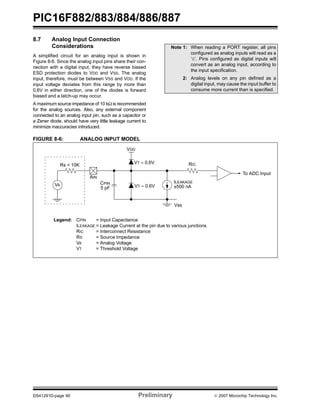 PIC16F882/883/884/886/887 
8.7 Analog Input Connection 
Considerations 
A simplified circuit for an analog input is shown in 
Figure 8-6. Since the analog input pins share their con-nection 
with a digital input, they have reverse biased 
ESD protection diodes to VDD and VSS. The analog 
input, therefore, must be between VSS and VDD. If the 
input voltage deviates from this range by more than 
0.6V in either direction, one of the diodes is forward 
biased and a latch-up may occur. 
A maximum source impedance of 10 kΩ is recommended 
for the analog sources. Also, any external component 
connected to an analog input pin, such as a capacitor or 
a Zener diode, should have very little leakage current to 
minimize inaccuracies introduced. 
FIGURE 8-6: ANALOG INPUT MODEL 
Note 1: When reading a PORT register, all pins 
configured as analog inputs will read as a 
‘0’. Pins configured as digital inputs will 
convert as an analog input, according to 
the input specification. 
2: Analog levels on any pin defined as a 
digital input, may cause the input buffer to 
consume more current than is specified. 
Rs < 10K 
VA 
CPIN 
5 pF 
VDD 
VT ≈ 0.6V 
VT ≈ 0.6V 
RIC 
ILEAKAGE 
±500 nA 
Vss 
AIN 
Legend: CPIN = Input Capacitance 
ILEAKAGE = Leakage Current at the pin due to various junctions 
RIC = Interconnect Resistance 
RS = Source Impedance 
VA = Analog Voltage 
VT = Threshold Voltage 
To ADC Input 
DS41291D-page 90 Preliminary © 2007 Microchip Technology Inc. 
 