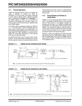PIC18F2455/2550/4455/4550
DS39632C-page 126 Preliminary © 2006 Microchip Technology Inc.
11.1 Timer0 Operation
Timer0 can operate as either a timer or a counter; the
mode is selected by clearing the T0CS bit
(T0CON<5>). In Timer mode, the module increments
on every clock by default unless a different prescaler
value is selected (see Section 11.3 “Prescaler”). If
the TMR0 register is written to, the increment is
inhibited for the following two instruction cycles. The
user can work around this by writing an adjusted value
to the TMR0 register.
The Counter mode is selected by setting the T0CS bit
(= 1). In Counter mode, Timer0 increments either on
every rising or falling edge of pin RA4/T0CKI. The
incrementing edge is determined by the Timer0 Source
Edge Select bit, T0SE (T0CON<4>); clearing this bit
selects the rising edge. Restrictions on the external
clock input are discussed below.
An external clock source can be used to drive Timer0;
however, it must meet certain requirements to ensure
that the external clock can be synchronized with the
internal phase clock (TOSC). There is a delay between
synchronization and the onset of incrementing the
timer/counter.
11.2 Timer0 Reads and Writes in
16-Bit Mode
TMR0H is not the actual high byte of Timer0 in 16-bit
mode. It is actually a buffered version of the real high
byte of Timer0 which is not directly readable nor
writable (refer to Figure 11-2). TMR0H is updated with
the contents of the high byte of Timer0 during a read of
TMR0L. This provides the ability to read all 16 bits of
Timer0 without having to verify that the read of the high
and low byte were valid, due to a rollover between
successive reads of the high and low byte.
Similarly, a write to the high byte of Timer0 must also
take place through the TMR0H Buffer register. The high
byte is updated with the contents of TMR0H when a
write occurs to TMR0L. This allows all 16 bits of Timer0
to be updated at once.
FIGURE 11-1: TIMER0 BLOCK DIAGRAM (8-BIT MODE)
FIGURE 11-2: TIMER0 BLOCK DIAGRAM (16-BIT MODE)
Note: Upon Reset, Timer0 is enabled in 8-bit mode with clock input from T0CKI maximum prescale.
T0CKI pin
T0SE
0
1
1
0
T0CS
FOSC/4
Programmable
Prescaler
Sync with
Internal
Clocks
TMR0L
(2 TCY Delay)
Internal Data BusPSA
T0PS2:T0PS0
Set
TMR0IF
on Overflow
3
8
8
Note: Upon Reset, Timer0 is enabled in 8-bit mode with clock input from T0CKI maximum prescale.
T0CKI pin
T0SE
0
1
1
0
T0CS
FOSC/4
Programmable
Prescaler
Sync with
Internal
Clocks
TMR0L
(2 TCY Delay)
Internal Data Bus
8
PSA
T0PS2:T0PS0
Set
TMR0IF
on Overflow
3
TMR0
TMR0H
High Byte
8
8
8
Read TMR0L
Write TMR0L
8
 