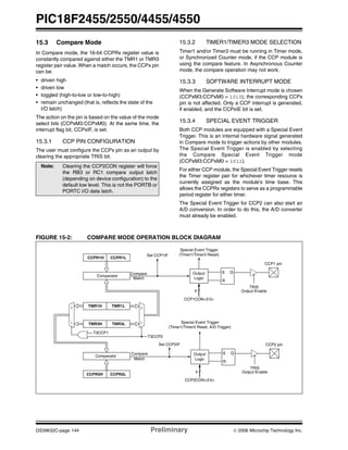 PIC18F2455/2550/4455/4550
DS39632C-page 144 Preliminary © 2006 Microchip Technology Inc.
15.3 Compare Mode
In Compare mode, the 16-bit CCPRx register value is
constantly compared against either the TMR1 or TMR3
register pair value. When a match occurs, the CCPx pin
can be:
• driven high
• driven low
• toggled (high-to-low or low-to-high)
• remain unchanged (that is, reflects the state of the
I/O latch)
The action on the pin is based on the value of the mode
select bits (CCPxM3:CCPxM0). At the same time, the
interrupt flag bit, CCPxIF, is set.
15.3.1 CCP PIN CONFIGURATION
The user must configure the CCPx pin as an output by
clearing the appropriate TRIS bit.
15.3.2 TIMER1/TIMER3 MODE SELECTION
Timer1 and/or Timer3 must be running in Timer mode,
or Synchronized Counter mode, if the CCP module is
using the compare feature. In Asynchronous Counter
mode, the compare operation may not work.
15.3.3 SOFTWARE INTERRUPT MODE
When the Generate Software Interrupt mode is chosen
(CCPxM3:CCPxM0 = 1010), the corresponding CCPx
pin is not affected. Only a CCP interrupt is generated,
if enabled, and the CCPxIE bit is set.
15.3.4 SPECIAL EVENT TRIGGER
Both CCP modules are equipped with a Special Event
Trigger. This is an internal hardware signal generated
in Compare mode to trigger actions by other modules.
The Special Event Trigger is enabled by selecting
the Compare Special Event Trigger mode
(CCPxM3:CCPxM0 = 1011).
For either CCP module, the Special Event Trigger resets
the Timer register pair for whichever timer resource is
currently assigned as the module’s time base. This
allows the CCPRx registers to serve as a programmable
period register for either timer.
The Special Event Trigger for CCP2 can also start an
A/D conversion. In order to do this, the A/D converter
must already be enabled.
FIGURE 15-2: COMPARE MODE OPERATION BLOCK DIAGRAM
Note: Clearing the CCP2CON register will force
the RB3 or RC1 compare output latch
(depending on device configuration) to the
default low level. This is not the PORTB or
PORTC I/O data latch.
CCPR1H CCPR1L
TMR1H TMR1L
Comparator
QS
R
Output
Logic
Special Event Trigger
Set CCP1IF
CCP1 pin
TRIS
CCP1CON<3:0>
Output Enable
TMR3H TMR3L
CCPR2H CCPR2L
Comparator
1
0
T3CCP2
T3CCP1
Set CCP2IF
1
0
Compare
4
(Timer1/Timer3 Reset)
QS
R
Output
Logic
Special Event Trigger
CCP2 pin
TRIS
CCP2CON<3:0>
Output Enable4
(Timer1/Timer3 Reset, A/D Trigger)
Match
Compare
Match
 