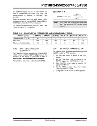© 2006 Microchip Technology Inc. Preliminary DS39632C-page 147
PIC18F2455/2550/4455/4550
The CCPRxH register and a 2-bit internal latch are
used to double-buffer the PWM duty cycle. This
double-buffering is essential for glitchless PWM
operation.
When the CCPRxH and 2-bit latch match TMR2,
concatenated with an internal 2-bit Q clock or 2 bits of
the TMR2 prescaler, the CCPx pin is cleared.
The maximum PWM resolution (bits) for a given PWM
frequency is given by the equation:
EQUATION 15-3:
TABLE 15-4: EXAMPLE PWM FREQUENCIES AND RESOLUTIONS AT 40 MHz
15.4.3 PWM AUTO-SHUTDOWN
(CCP1 ONLY)
The PWM auto-shutdown features of the Enhanced CCP
module are also available to CCP1 in 28-pin devices. The
operation of this feature is discussed in detail in
Section 16.4.7 “Enhanced PWM Auto-Shutdown”.
Auto-shutdown features are not available for CCP2.
15.4.4 SETUP FOR PWM OPERATION
The following steps should be taken when configuring
the CCP module for PWM operation:
1. Set the PWM period by writing to the PR2
register.
2. Set the PWM duty cycle by writing to the
CCPRxL register and CCPxCON<5:4> bits.
3. Make the CCPx pin an output by clearing the
appropriate TRIS bit.
4. Set the TMR2 prescale value, then enable
Timer2 by writing to T2CON.
5. Configure the CCPx module for PWM operation.
Note: If the PWM duty cycle value is longer than
the PWM period, the CCPx pin will not be
cleared.
FOSC
FPWM
---------------
⎝ ⎠
⎛ ⎞log
2( )log
-----------------------------bits=PWM Resolution (max)
PWM Frequency 2.44 kHz 9.77 kHz 39.06 kHz 156.25 kHz 312.50 kHz 416.67 kHz
Timer Prescaler (1, 4, 16) 16 4 1 1 1 1
PR2 Value FFh FFh FFh 3Fh 1Fh 17h
Maximum Resolution (bits) 10 10 10 8 7 6.58
 